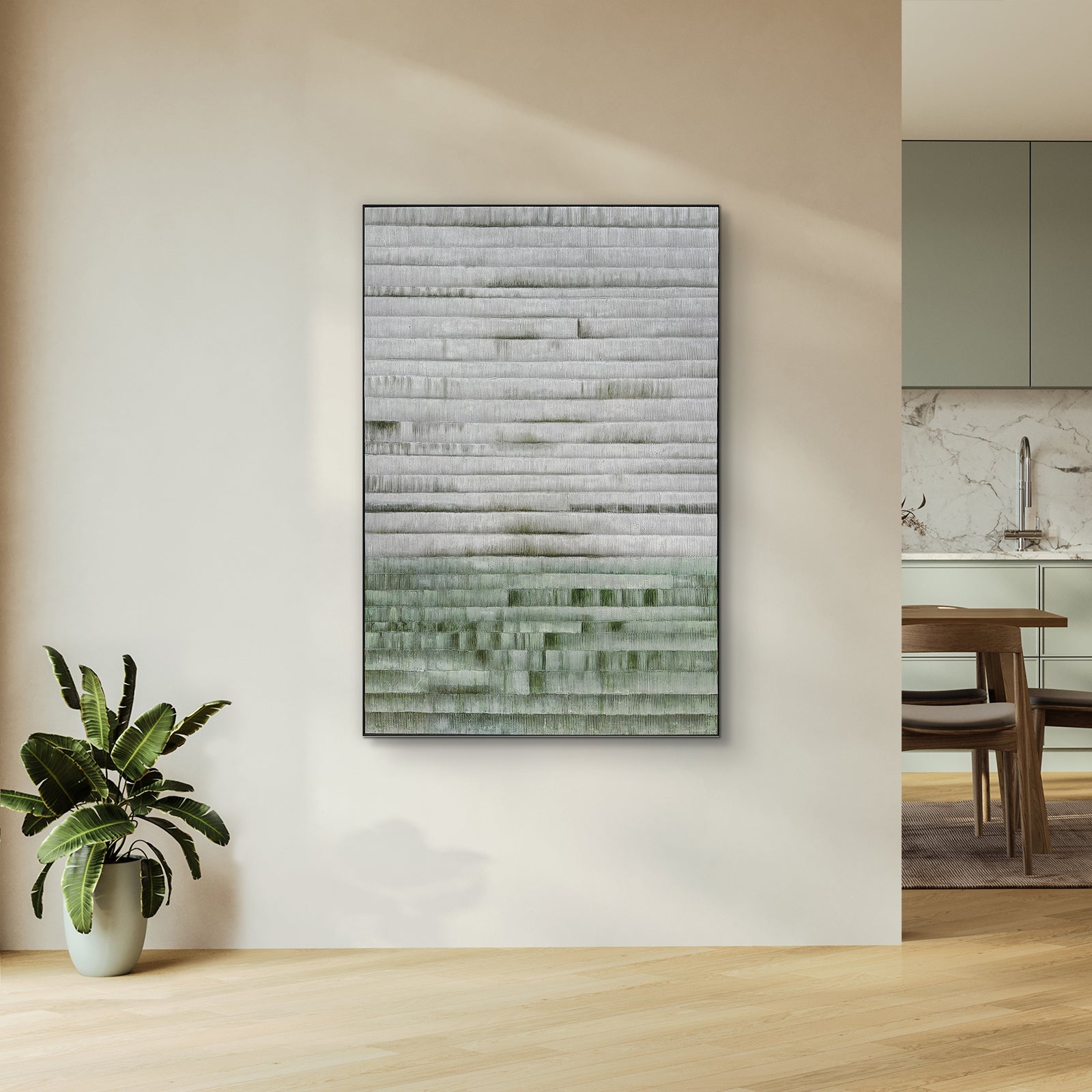 Emery Modern Framed Canvas displayed in a contemporary living space, demonstrating its elegant design and how its texture and colors enhance a calm, modern interior.