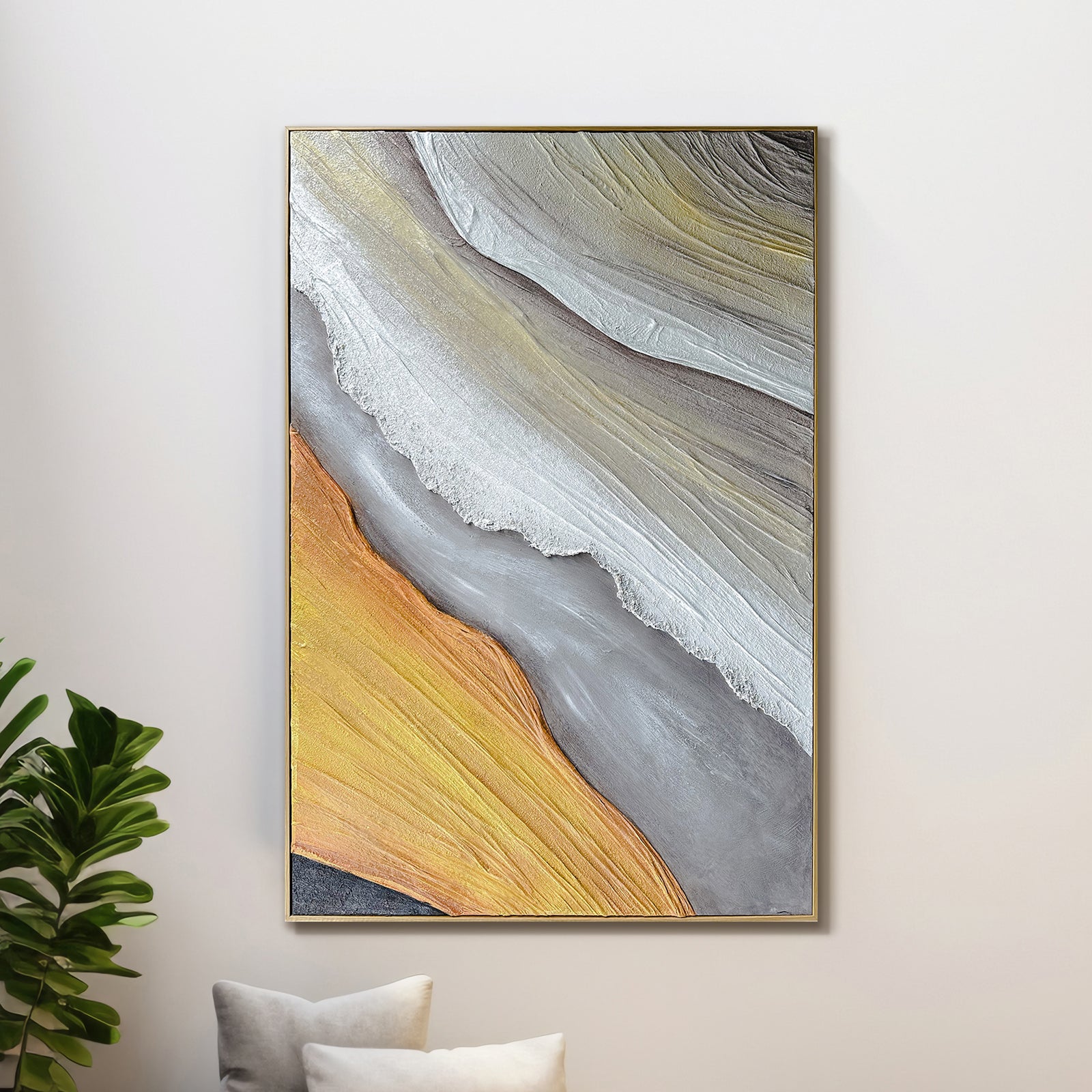 Flora Abstract Textured Canvas Hanging Wall Art displayed in a contemporary living space, enhancing the decor with its textured layers and natural hues, perfect for a gallery wall or bedroom.