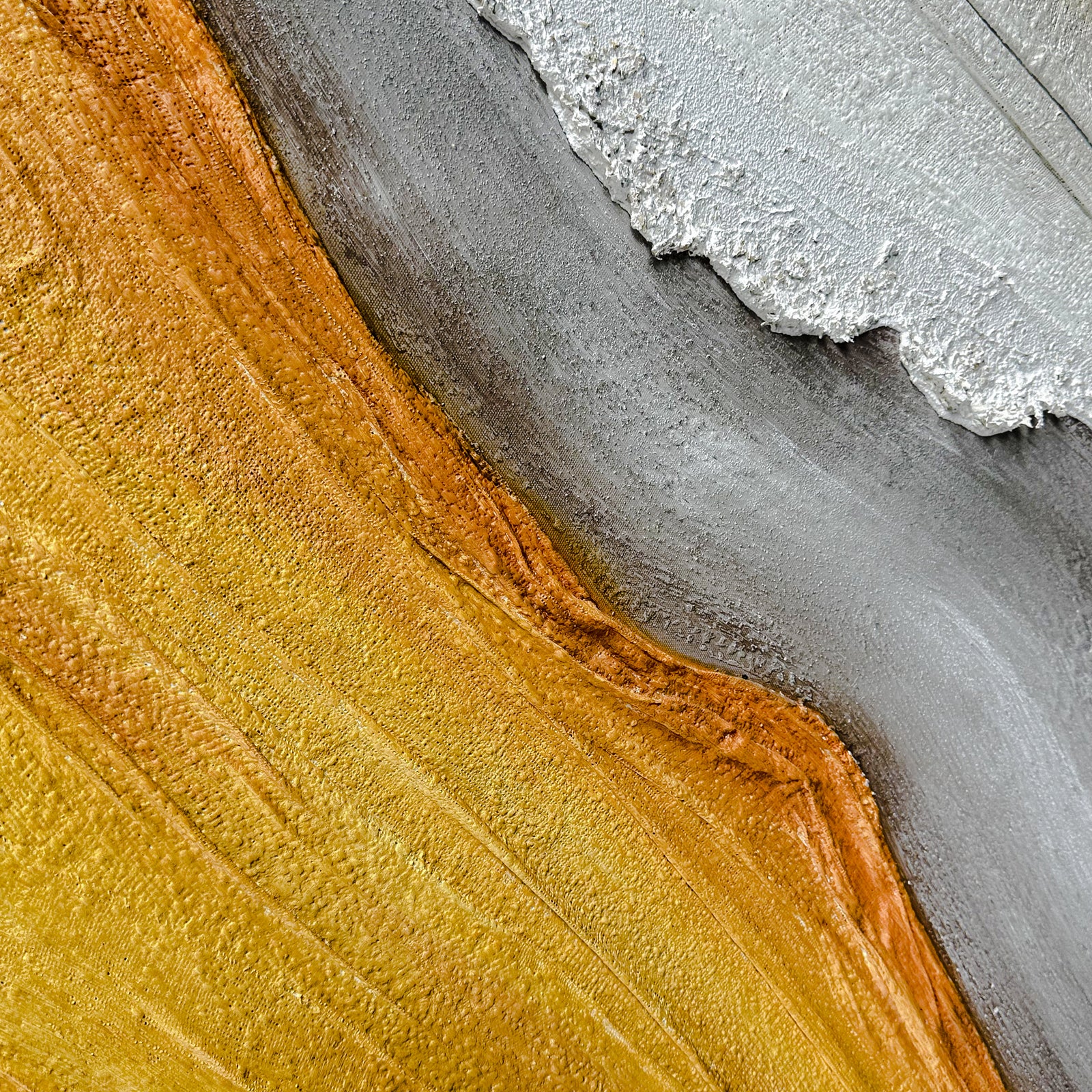 Close up of Flora Abstract Textured Canvas Hanging Wall Art, revealing intricate details of the rich textures and the quality of the poly-cotton canvas and premium fabric paint, showing its tactile surface.