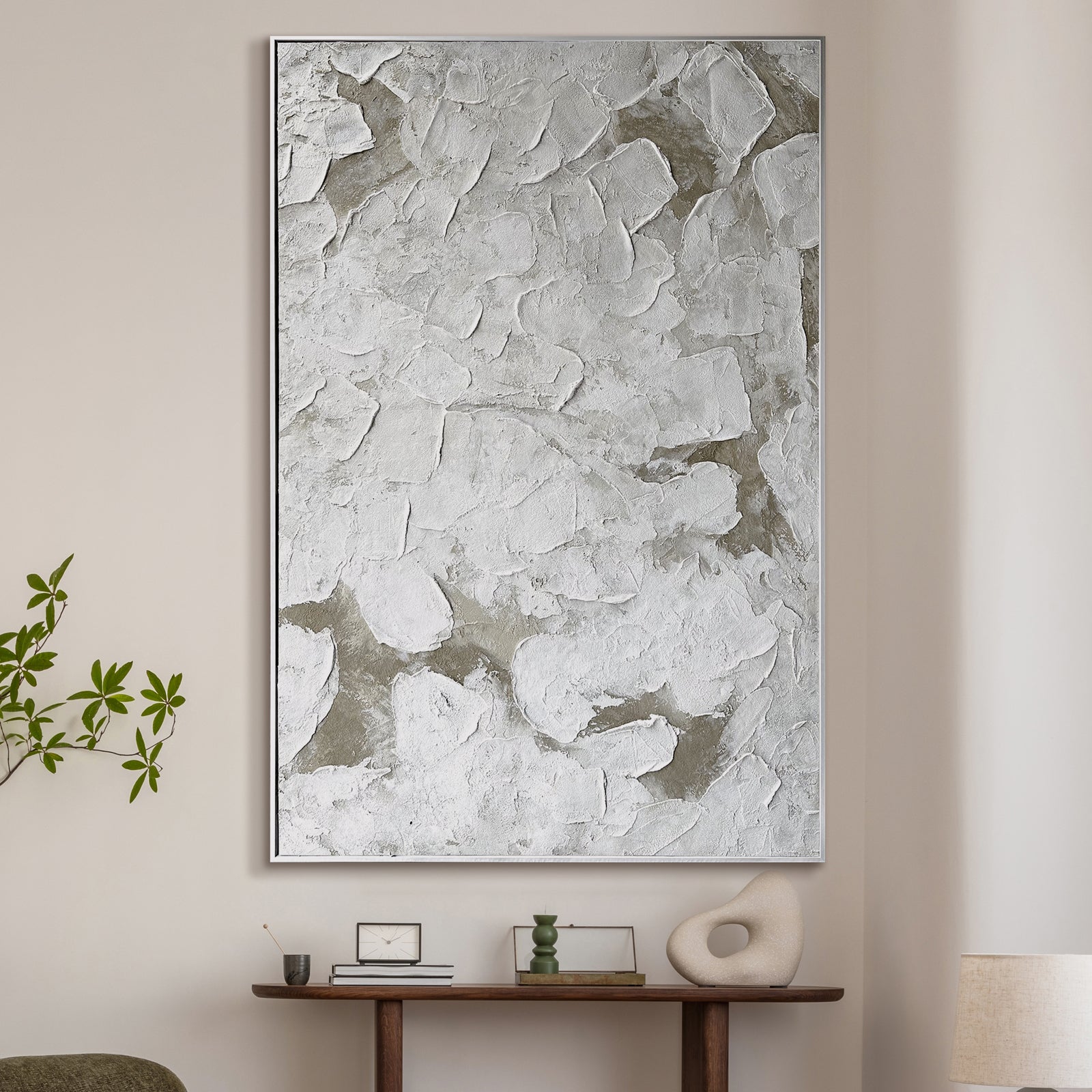 Luma Framed Textured Abstract Canvas displayed in a contemporary living space, demonstrating how its artful design and neutral palette enhance various interior styles.