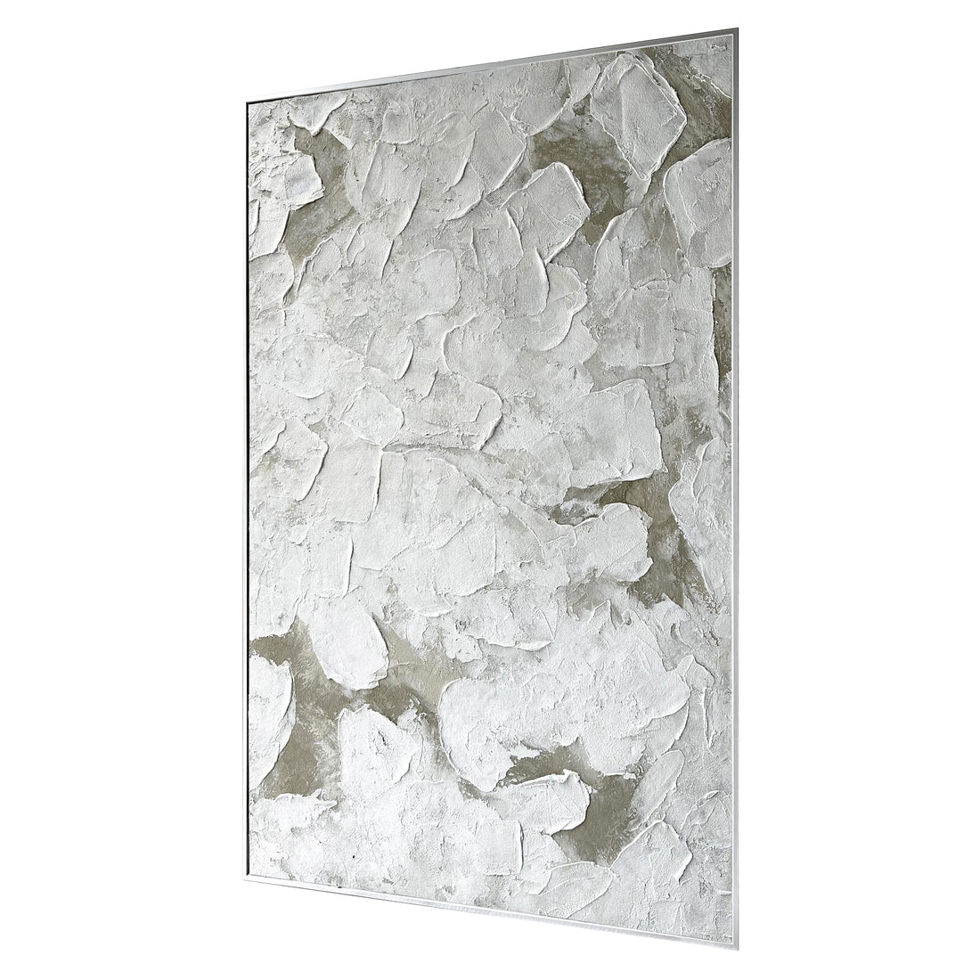 Left Angled view of Luma Framed Textured Abstract Canvas, emphasizing the depth created by its 3D texture, the sleek polystyrene outer frame, and sturdy pine inner frame.