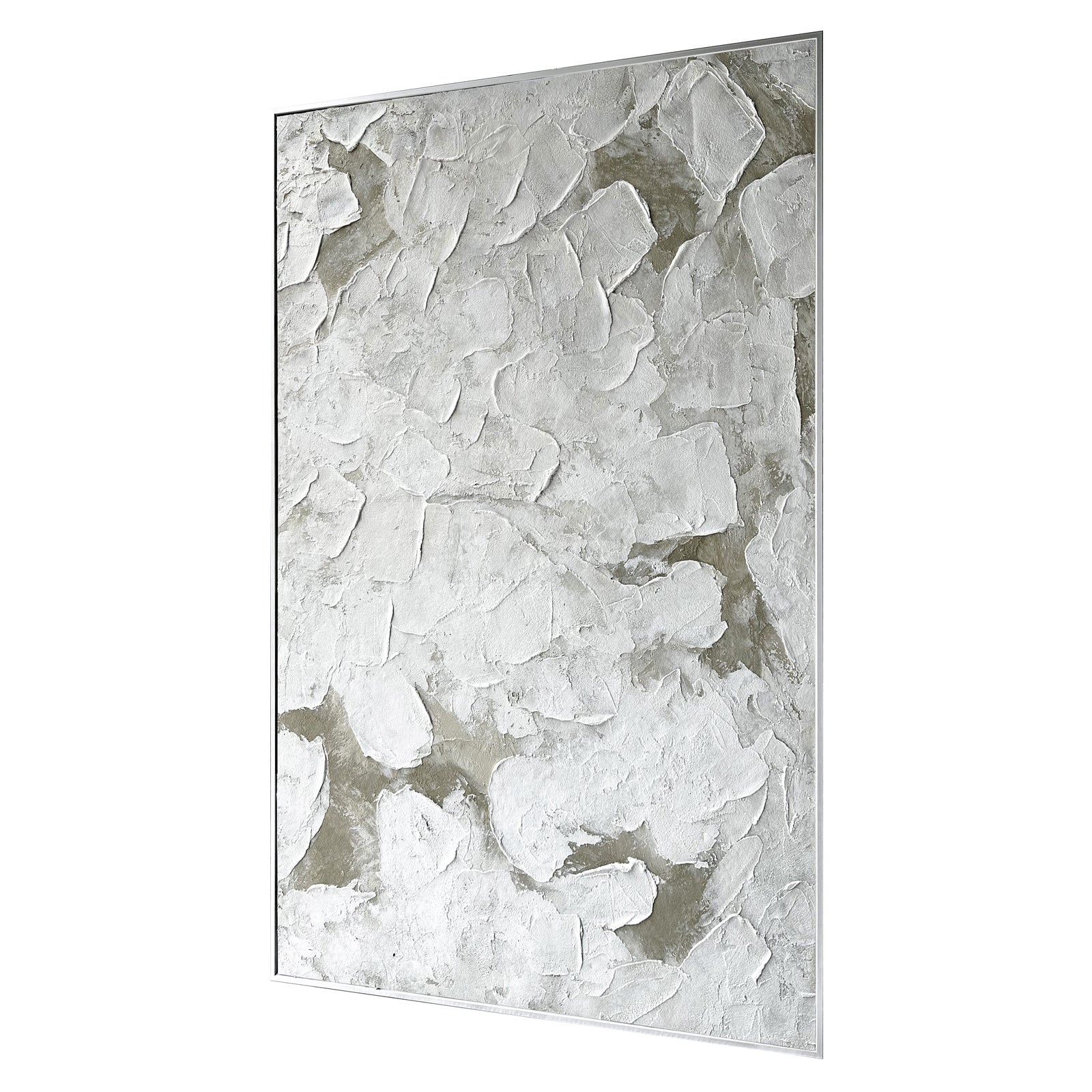 Left Angled view of Luma Framed Textured Abstract Canvas, emphasizing the depth created by its 3D texture, the sleek polystyrene outer frame, and sturdy pine inner frame.