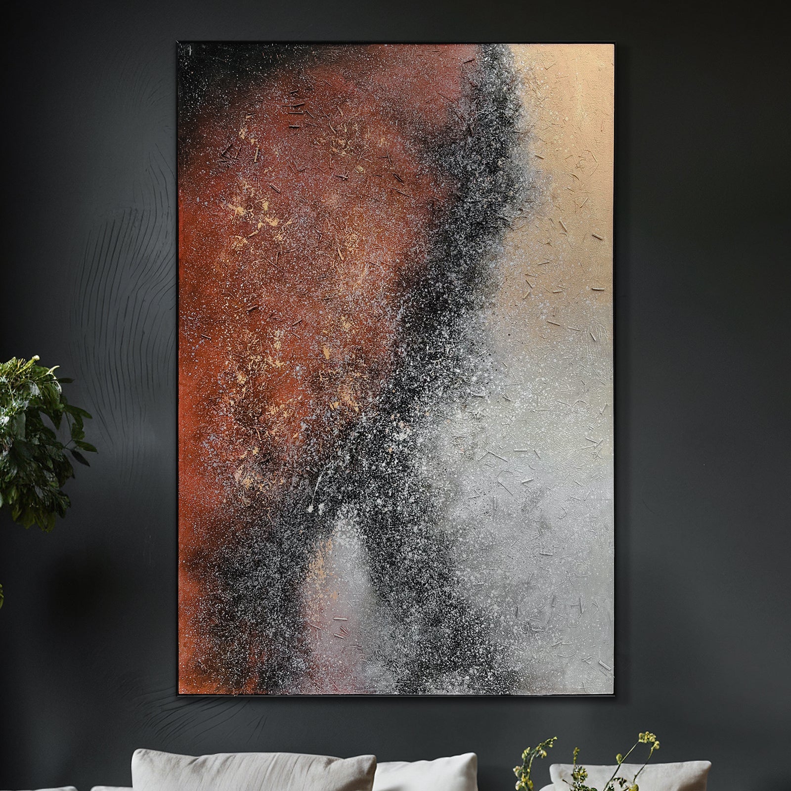 Nebula Textured Acrylic Framed Canvas displayed in a modern living space, showcasing its captivating abstract design and how it creates a cosmic focal point in a room.