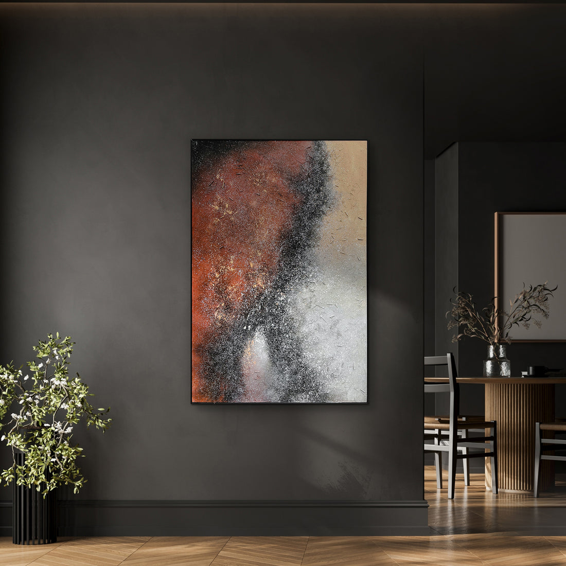 Nebula Textured Acrylic Framed Canvas displayed in a modern living space, showcasing its captivating abstract design and how it creates a cosmic focal point in a room.
