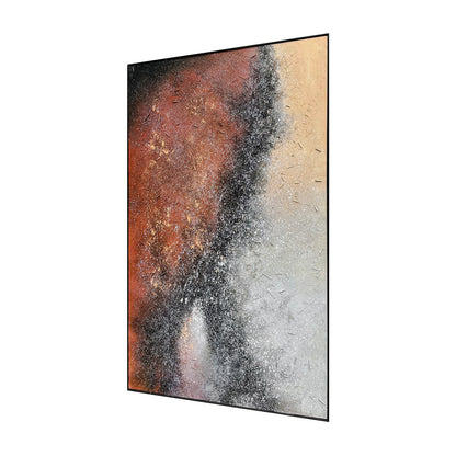 Left Angled view of Nebula Textured Acrylic Framed Canvas, emphasizing the depth of its 3D texture, the sleek black polystyrene frame, and the sturdy pine inner frame.