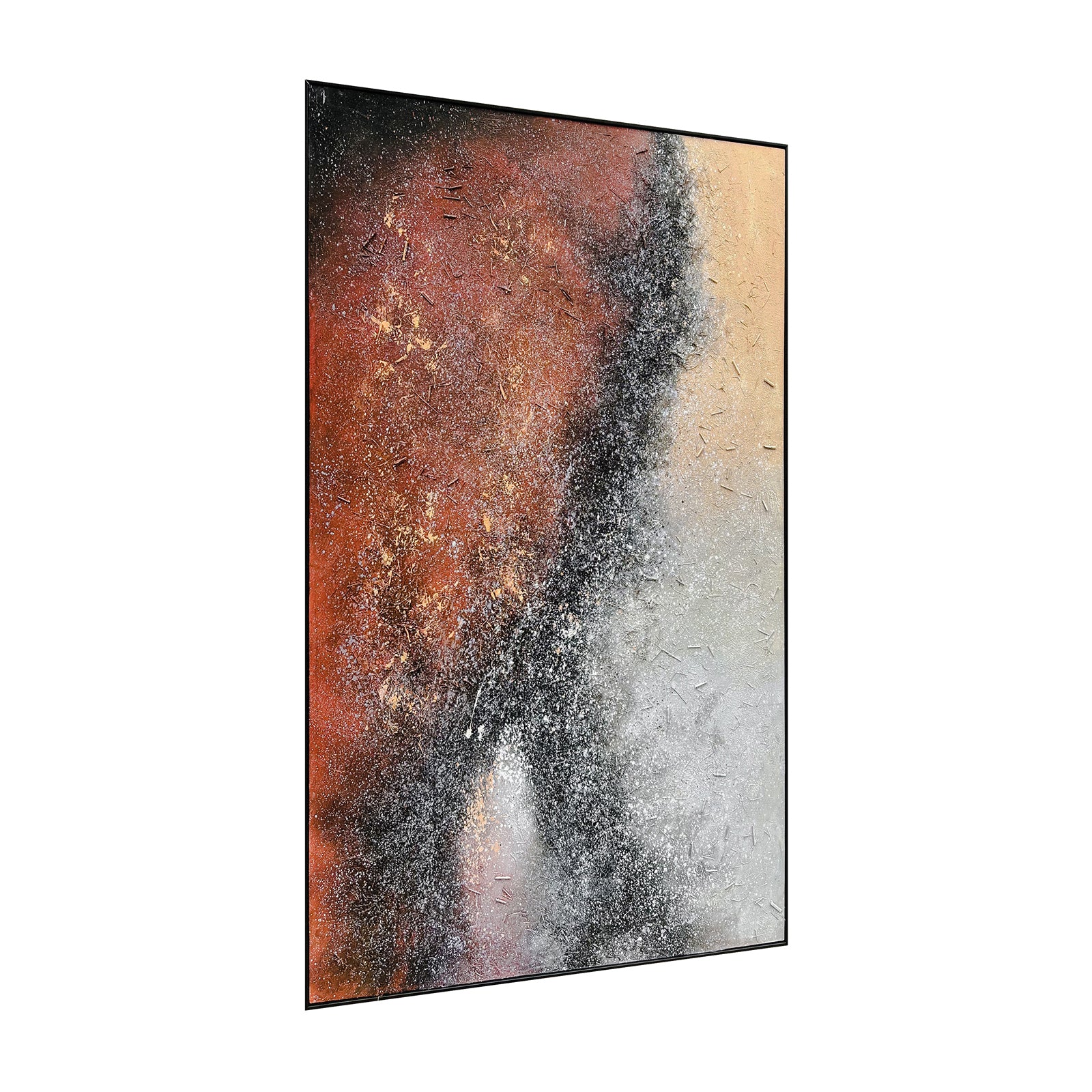 Angled view of Nebula Textured Acrylic Framed Canvas, emphasizing the depth of its 3D texture, the sleek black polystyrene frame, and the sturdy pine inner frame.