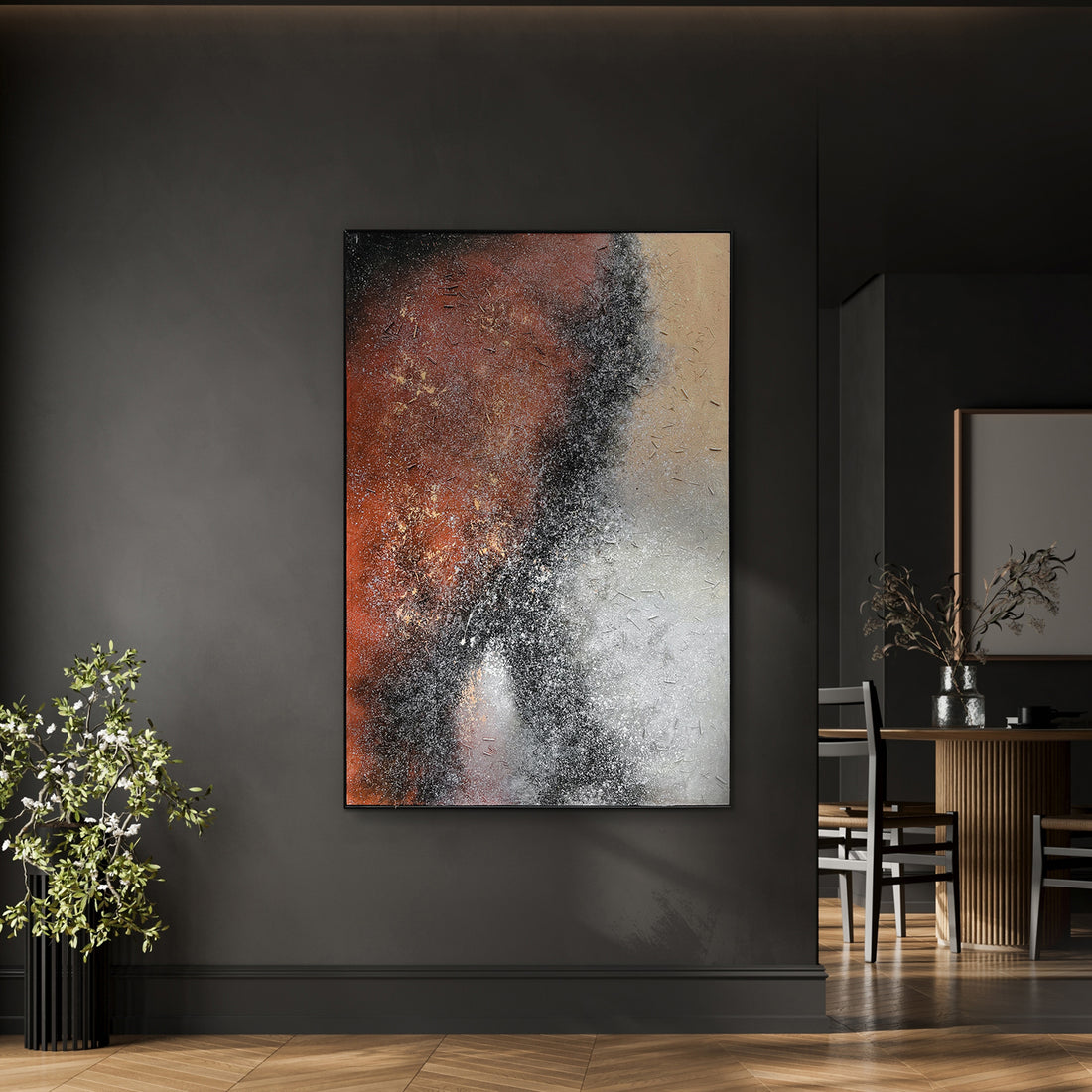 Nebula Textured Acrylic Framed Canvas displayed in a modern living space, showcasing its captivating abstract design and how it creates a cosmic focal point in a room.