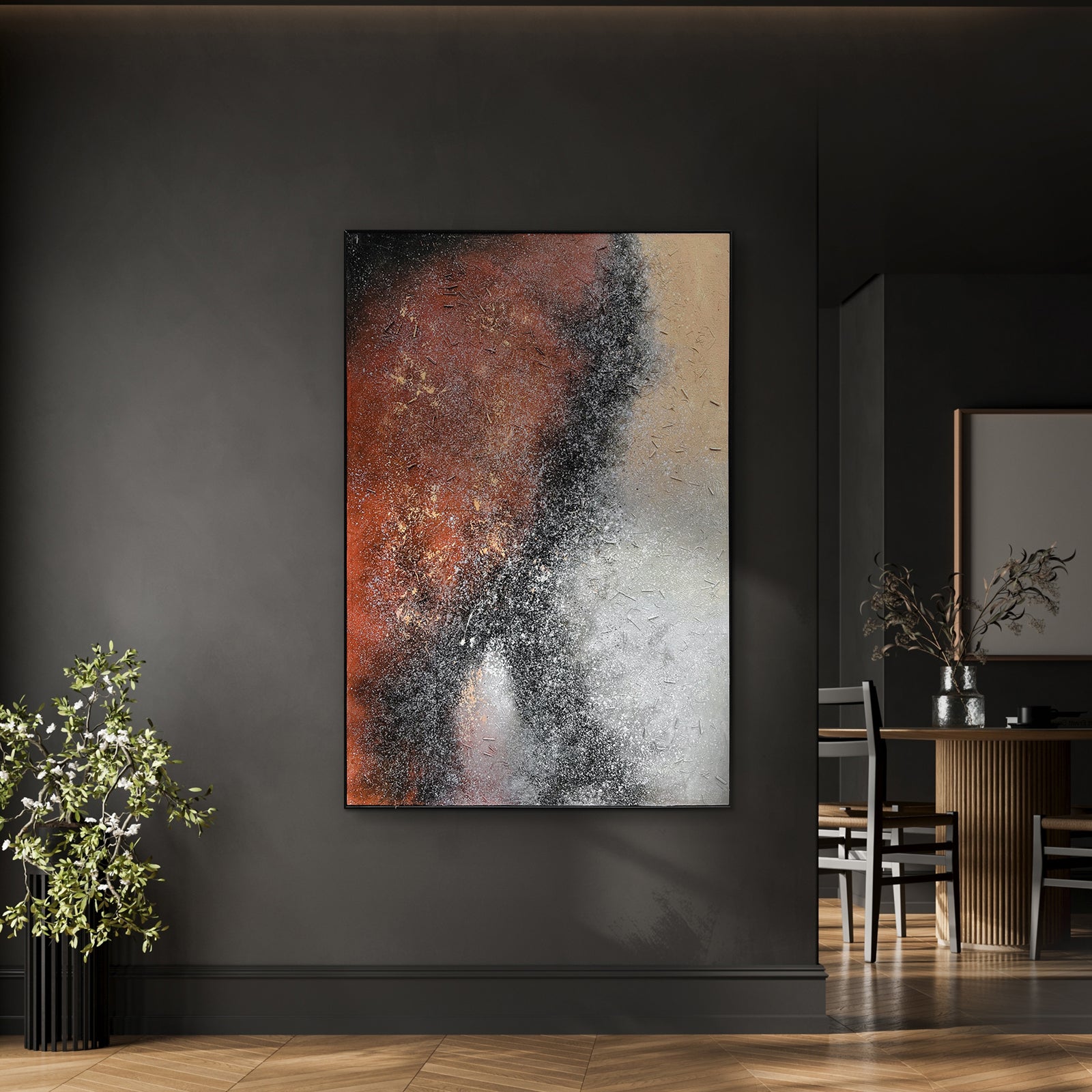 Nebula Textured Acrylic Framed Canvas displayed in a modern living space, showcasing its captivating abstract design and how it creates a cosmic focal point in a room.