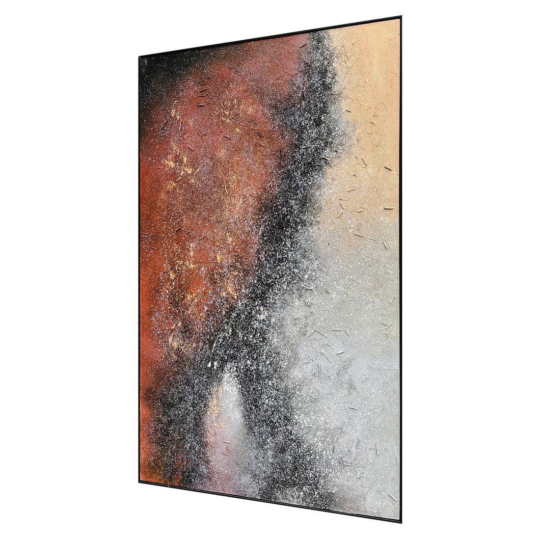 left Angled view of Nebula Textured Acrylic Framed Canvas, emphasizing the depth of its 3D texture, the sleek black polystyrene frame, and the sturdy pine inner frame.