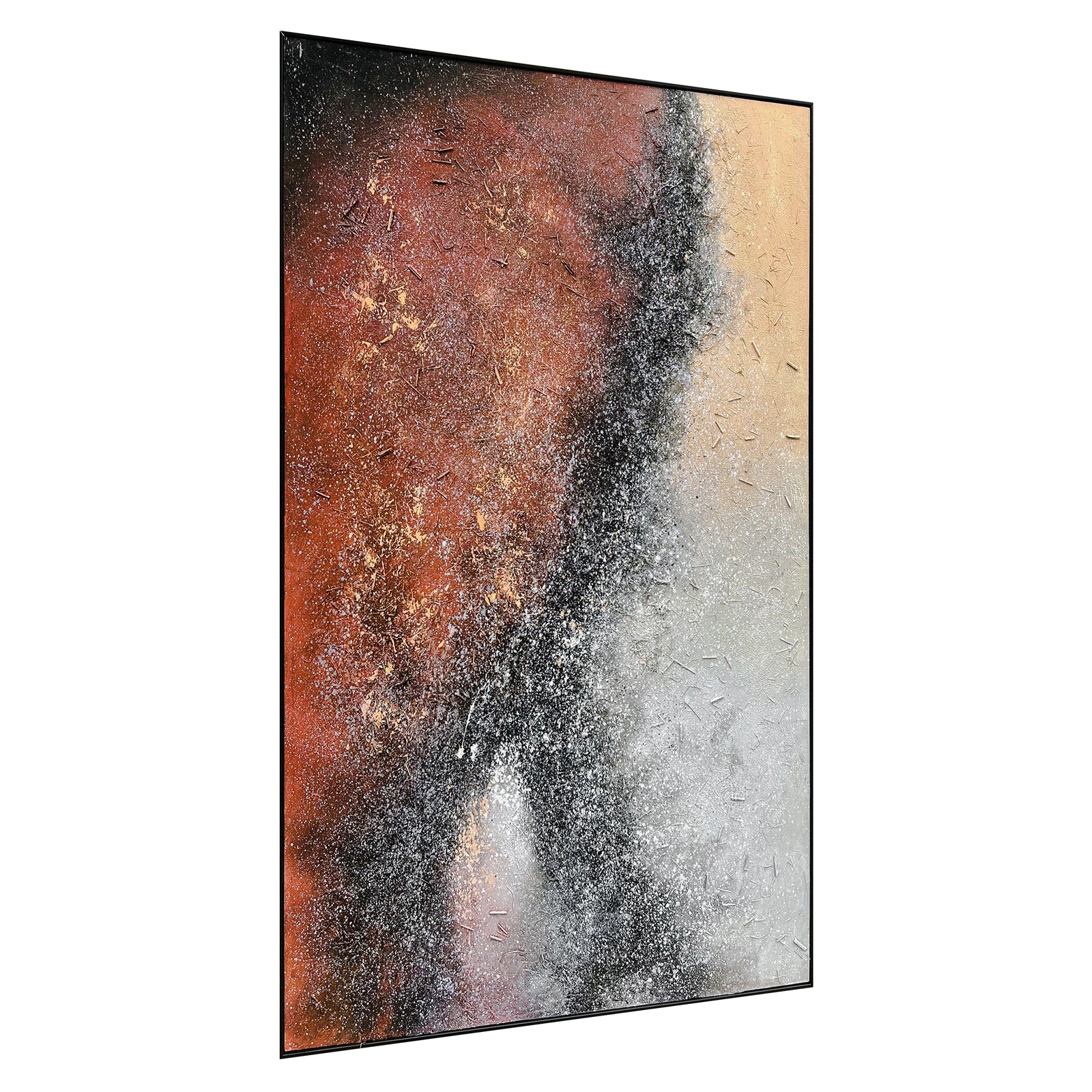 Right Angled view of Nebula Textured Acrylic Framed Canvas, emphasizing the depth of its 3D texture, the sleek black polystyrene frame, and the sturdy pine inner frame.