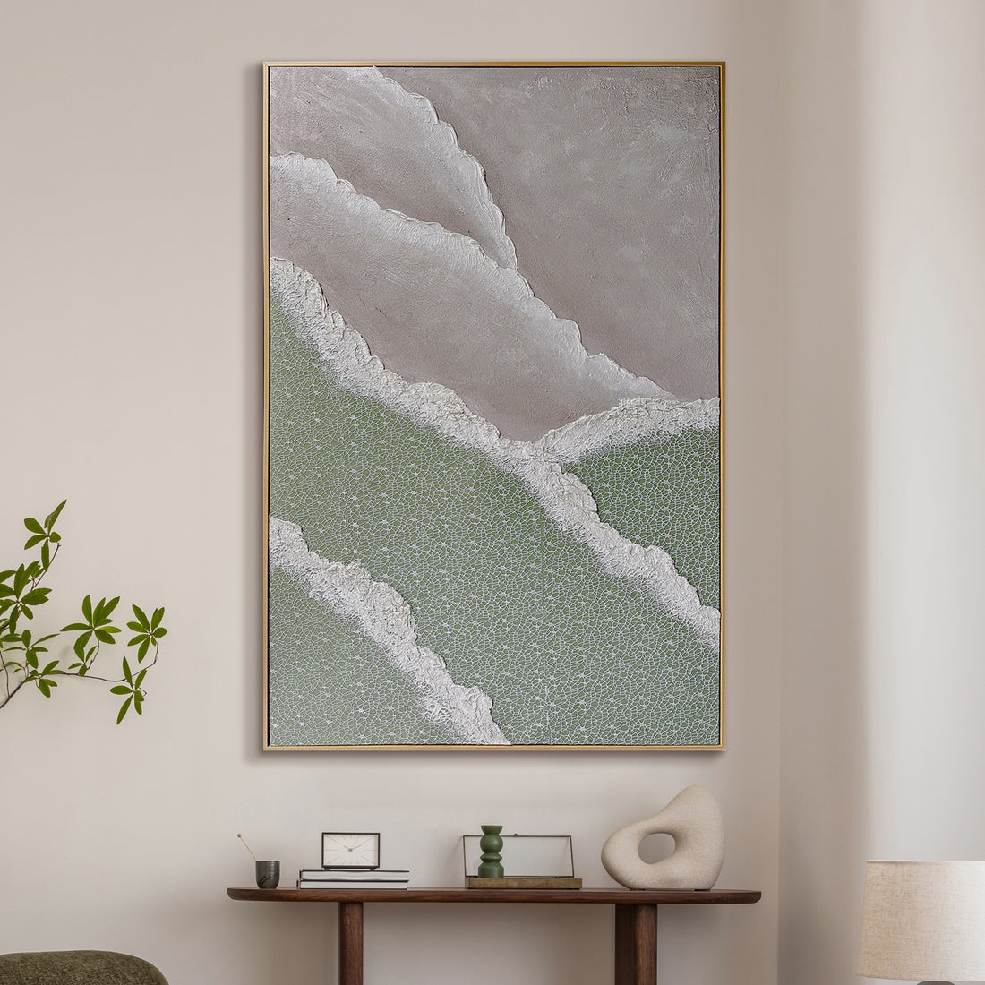 Nolan Modern Framed Textured Canvas displayed in a contemporary living space, demonstrating its elegant design and how its 3D texture enhances modern interiors.
