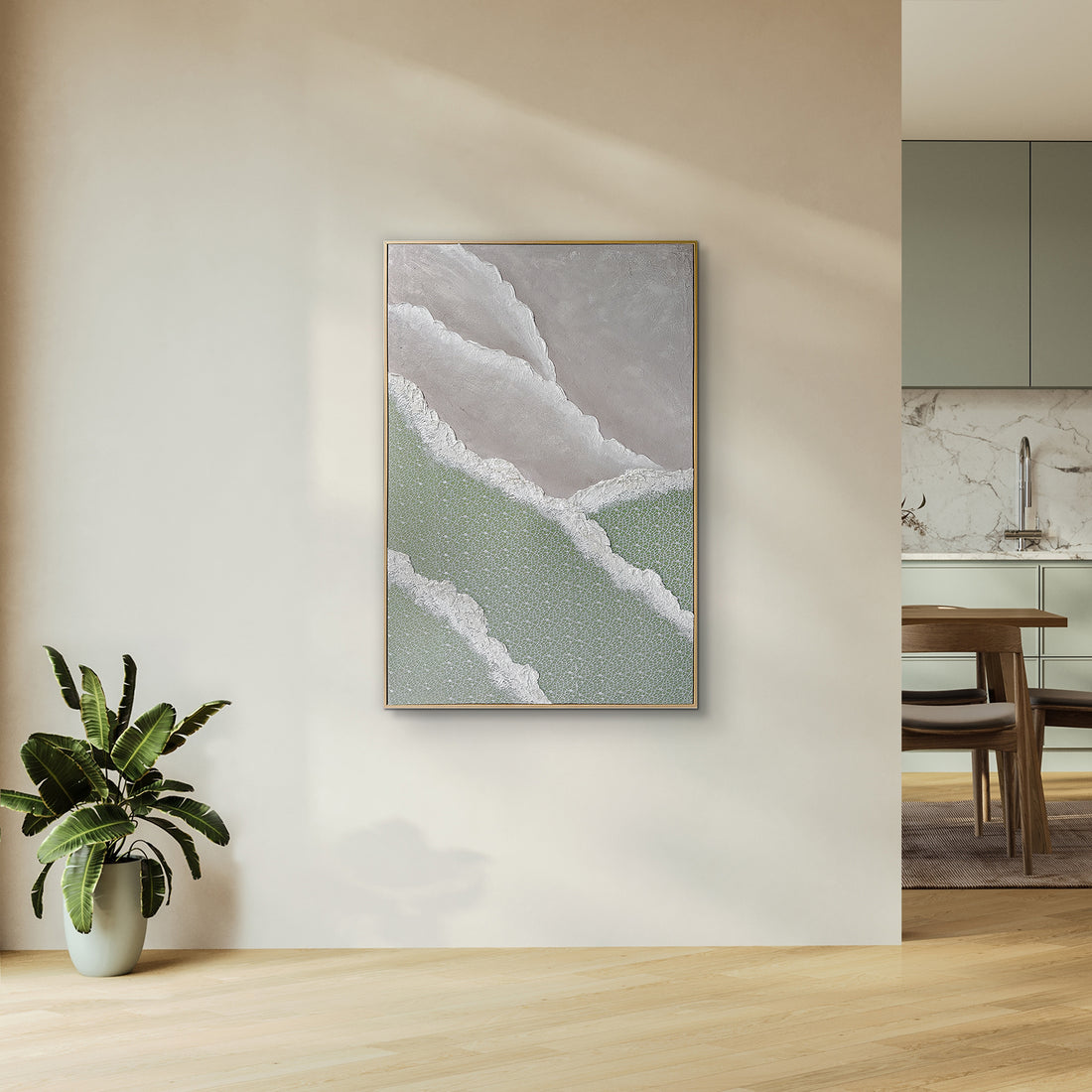 Nolan Modern Framed Textured Canvas displayed in a contemporary living space, demonstrating its elegant design and how its 3D texture enhances modern interiors.