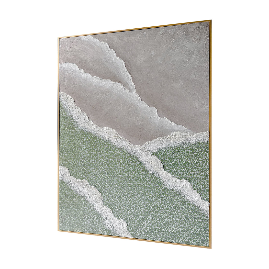 Left Angled view of Nolan Modern Framed Textured Canvas, emphasizing the depth created by its 3D texture, the sleek polystyrene outer frame, and sturdy pine inner frame.