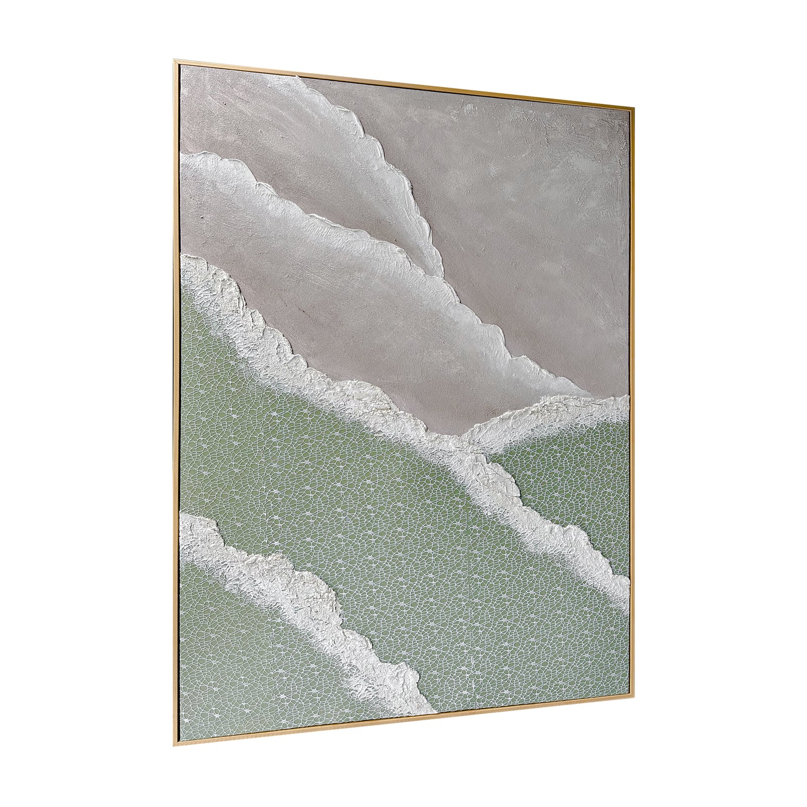 Right Angled view of Nolan Modern Framed Textured Canvas, emphasizing the depth created by its 3D texture, the sleek polystyrene outer frame, and sturdy pine inner frame.