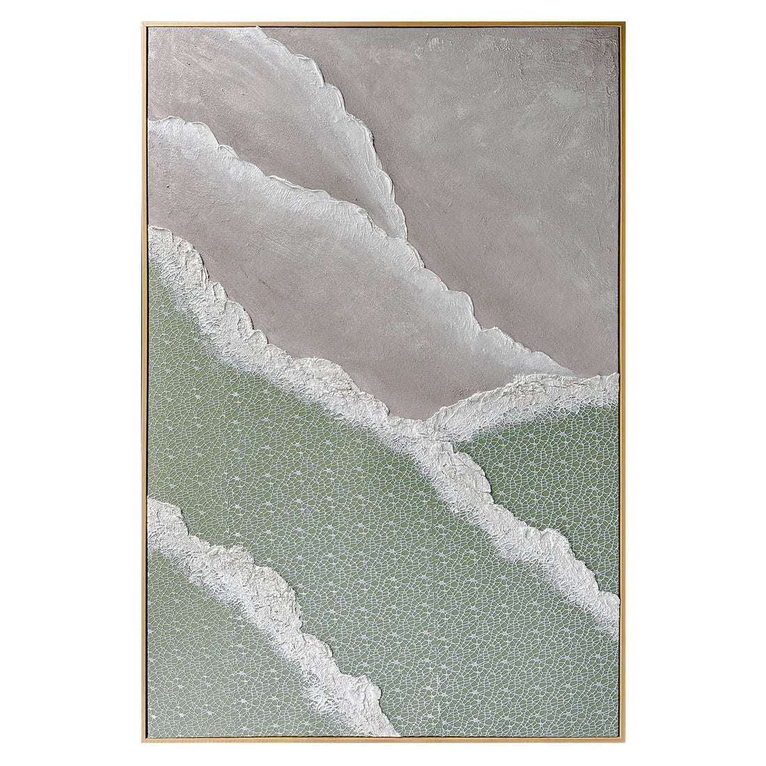 Front view of Nolan Modern Framed Textured Canvas, showcasing its contemporary abstract design with soft colors, bold 3D textures, and a hand-painted gel finish.