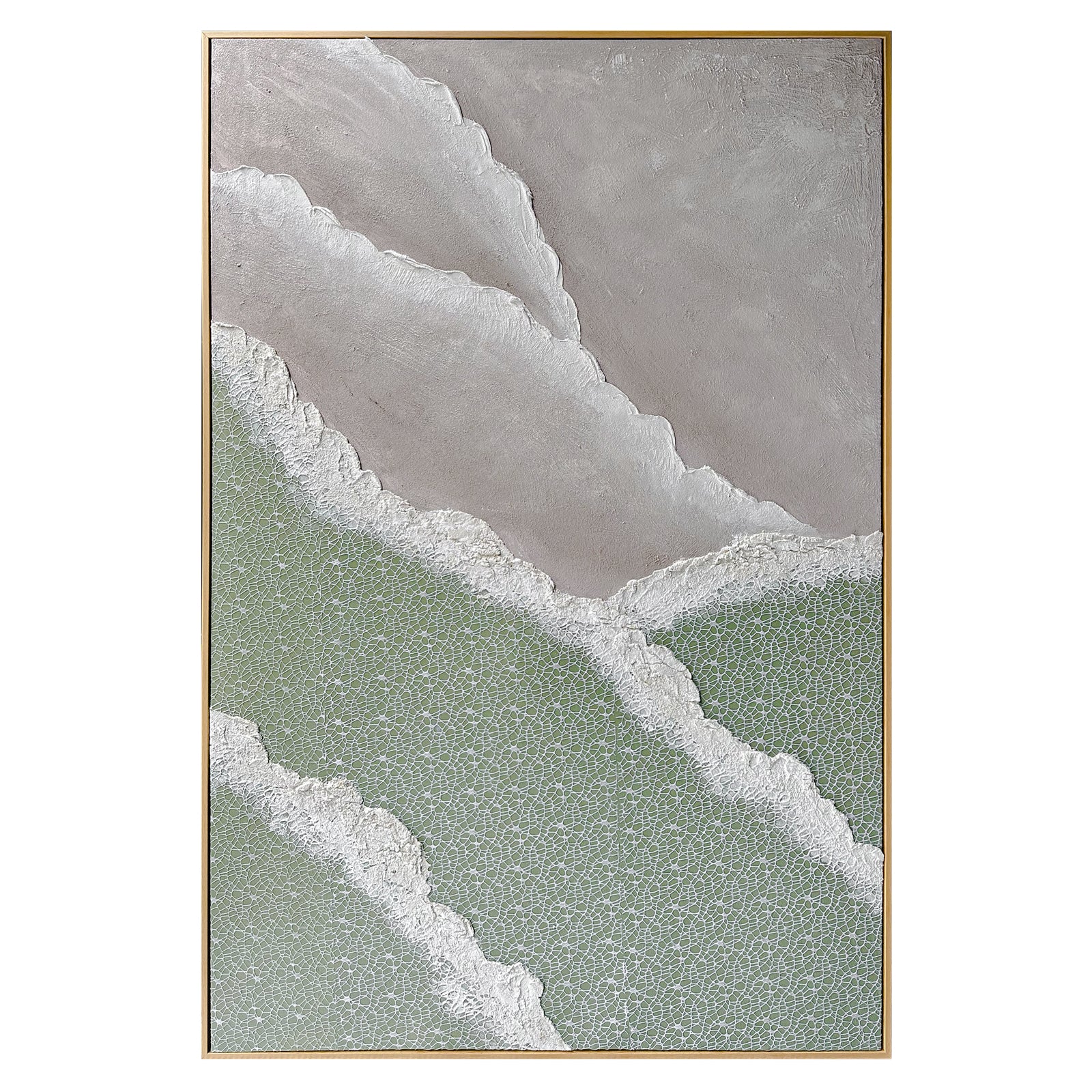 Front view of Nolan Modern Framed Textured Canvas, showcasing its contemporary abstract design with soft colors, bold 3D textures, and a hand-painted gel finish.