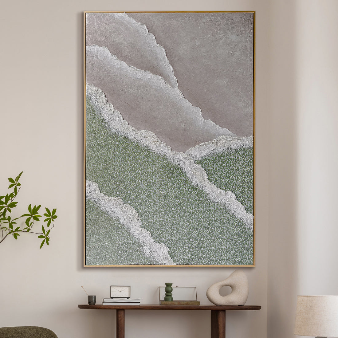 Nolan Modern Framed Textured Canvas displayed in a contemporary living space, demonstrating its elegant design and how its 3D texture enhances modern interiors.