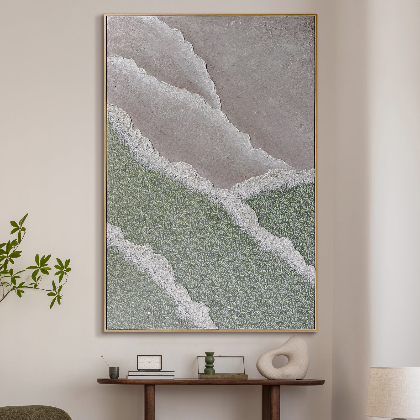 Nolan Modern Framed Textured Canvas displayed in a contemporary living space, demonstrating its elegant design and how its 3D texture enhances modern interiors.