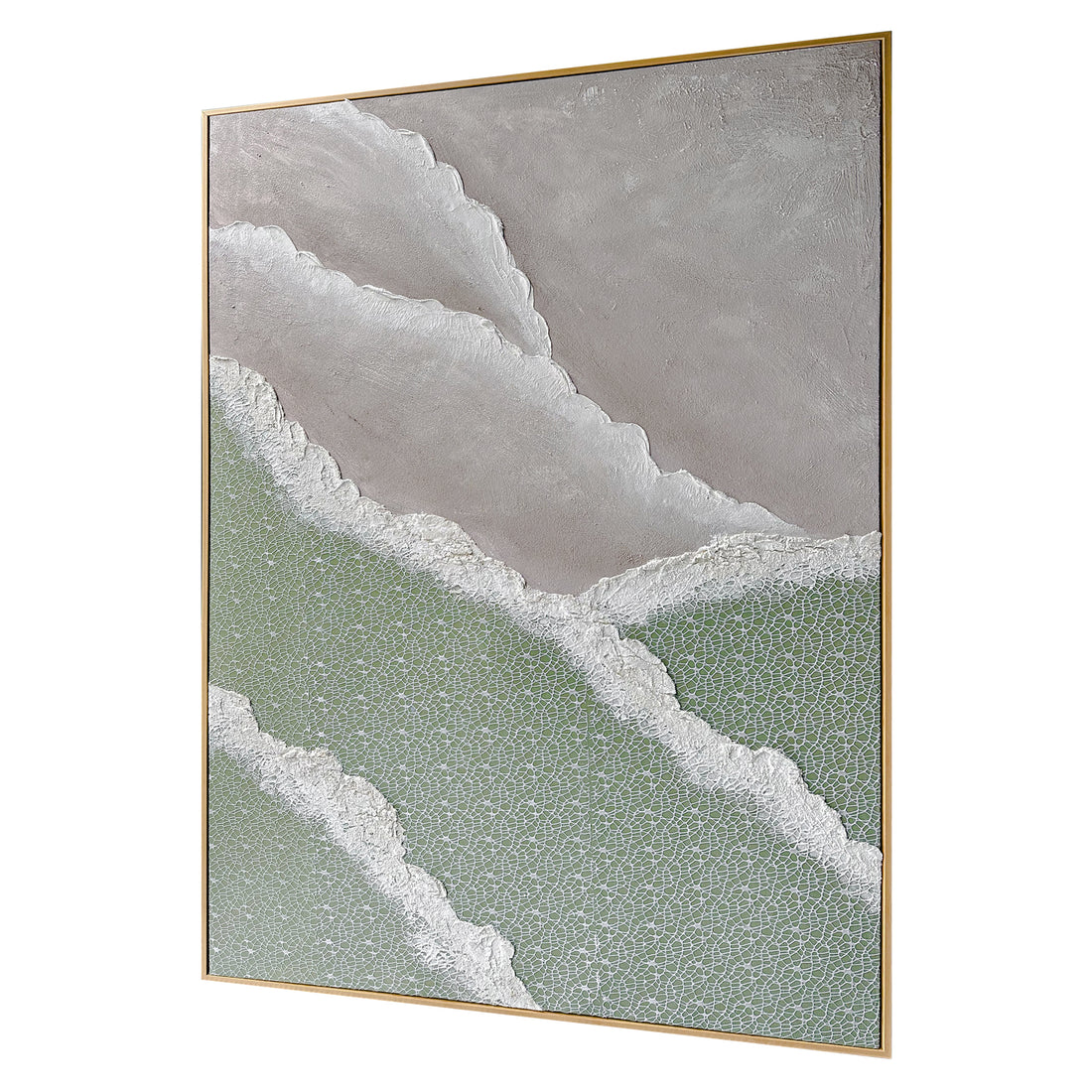 Left Angled view of Nolan Modern Framed Textured Canvas, emphasizing the depth created by its 3D texture, the sleek polystyrene outer frame, and sturdy pine inner frame.
