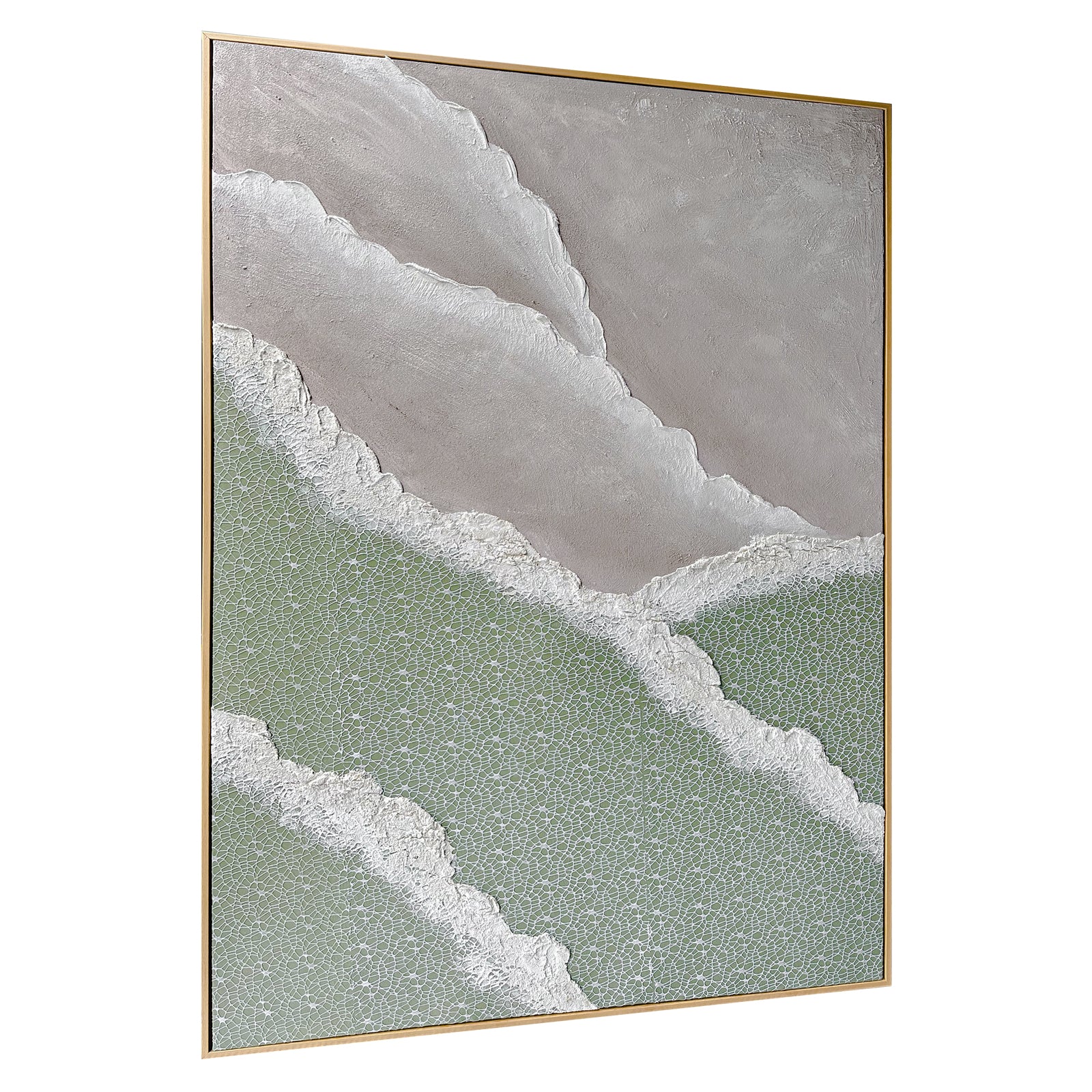 Right Angled view of Nolan Modern Framed Textured Canvas, emphasizing the depth created by its 3D texture, the sleek polystyrene outer frame, and sturdy pine inner frame.