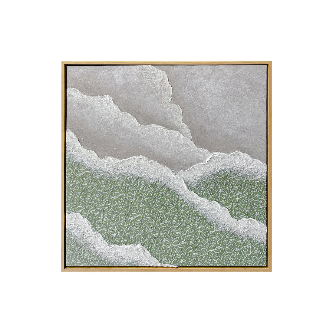 Front view of Nolan Modern Framed Textured Canvas, showcasing its contemporary abstract design with soft colors, bold 3D textures, and a hand-painted gel finish.