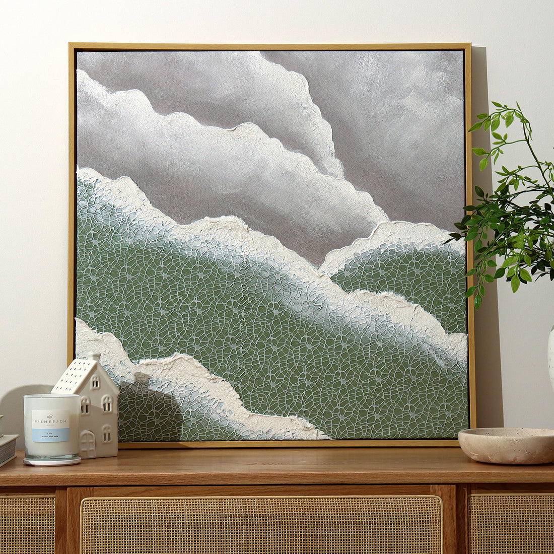 Nolan Modern Framed Textured Canvas displayed in a contemporary living space, demonstrating its elegant design and how its 3D texture enhances modern interiors.