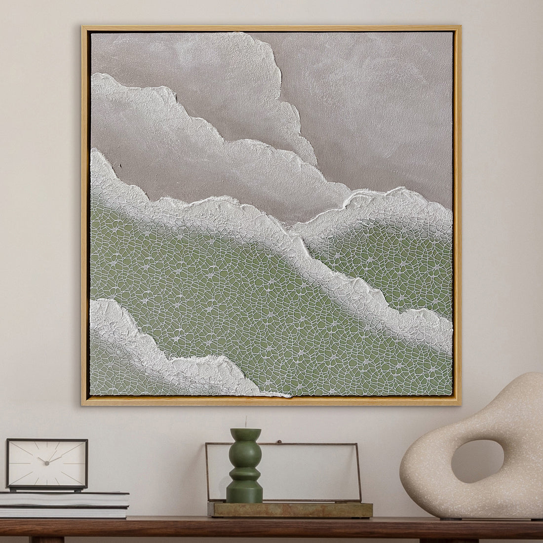 Nolan Modern Framed Textured Canvas displayed in a contemporary living space, demonstrating its elegant design and how its 3D texture enhances modern interiors.