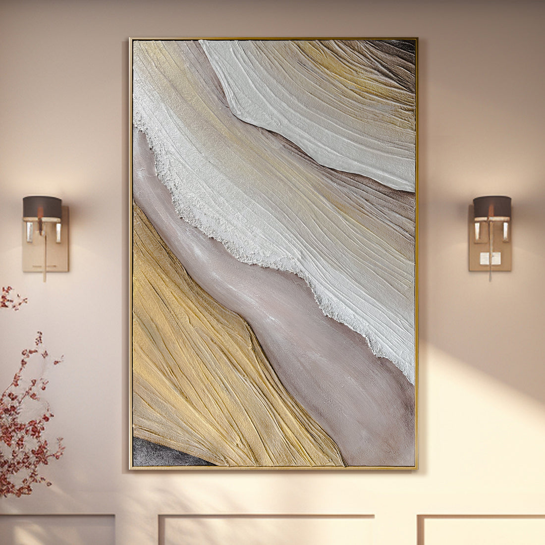 Raine Modern Textured Canvas Hanging Wall Art displayed in a contemporary living space, enhancing the decor with its calming design and hand-painted 3D texture, blending seamlessly with modern or classic interiors.