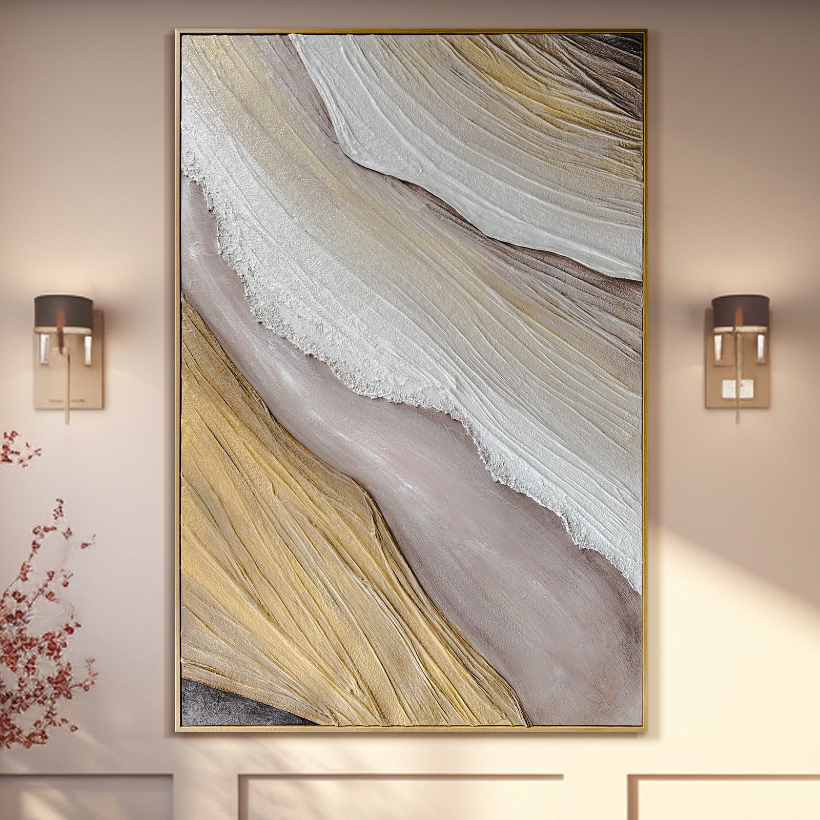 Raine Modern Textured Canvas Hanging Wall Art displayed in a contemporary living space, enhancing the decor with its calming design and hand-painted 3D texture, blending seamlessly with modern or classic interiors.