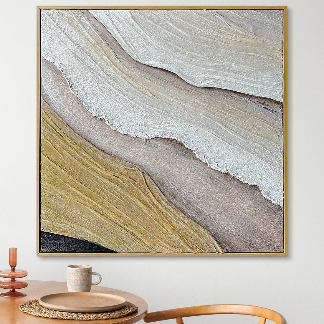 Raine Modern Textured Canvas Hanging Wall Art displayed in a contemporary living space, enhancing the decor with its calming design and hand-painted 3D texture, blending seamlessly with modern or classic interiors.