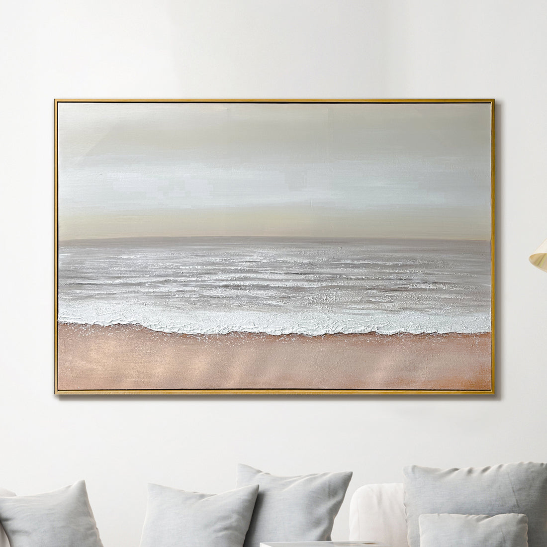 Sable Textured Coastal Canvas Wall Art displayed in a modern living room, showcasing its serene coastal aesthetic and how it enhances a beach-inspired or minimalist interior.