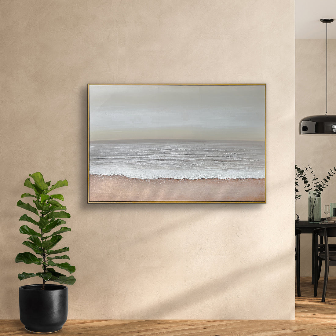 Sable Textured Coastal Canvas Wall Art displayed in a modern living room, showcasing its serene coastal aesthetic and how it enhances a beach-inspired or minimalist interior.