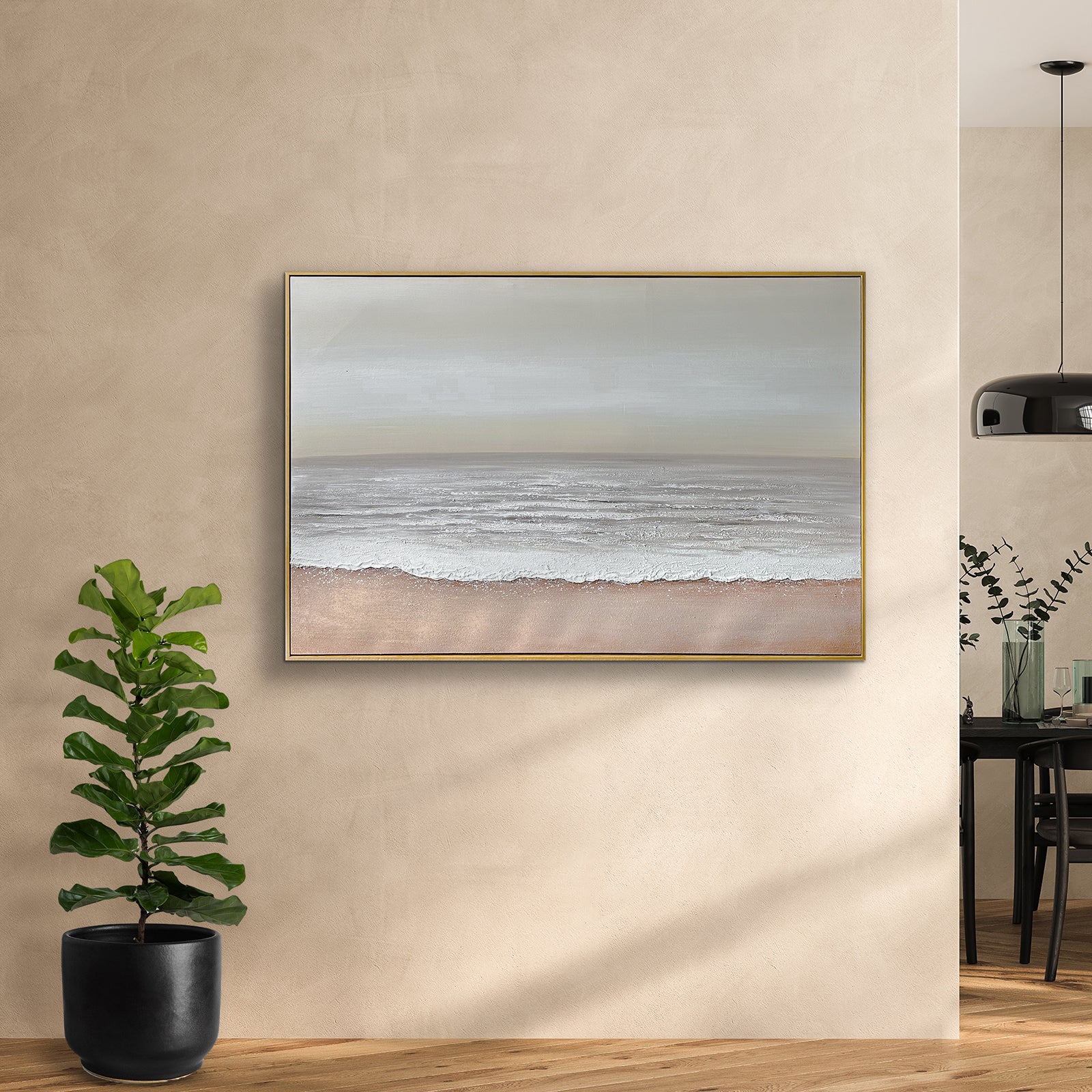 Sable Textured Coastal Canvas Wall Art displayed in a modern living room, showcasing its serene coastal aesthetic and how it enhances a beach-inspired or minimalist interior.