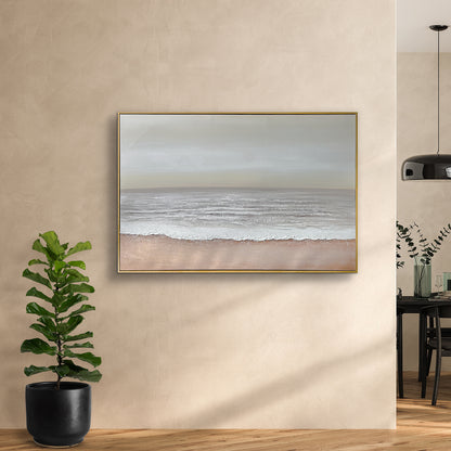 Sable Textured Coastal Canvas Wall Art displayed in a modern living room, showcasing its serene coastal aesthetic and how it enhances a beach-inspired or minimalist interior.