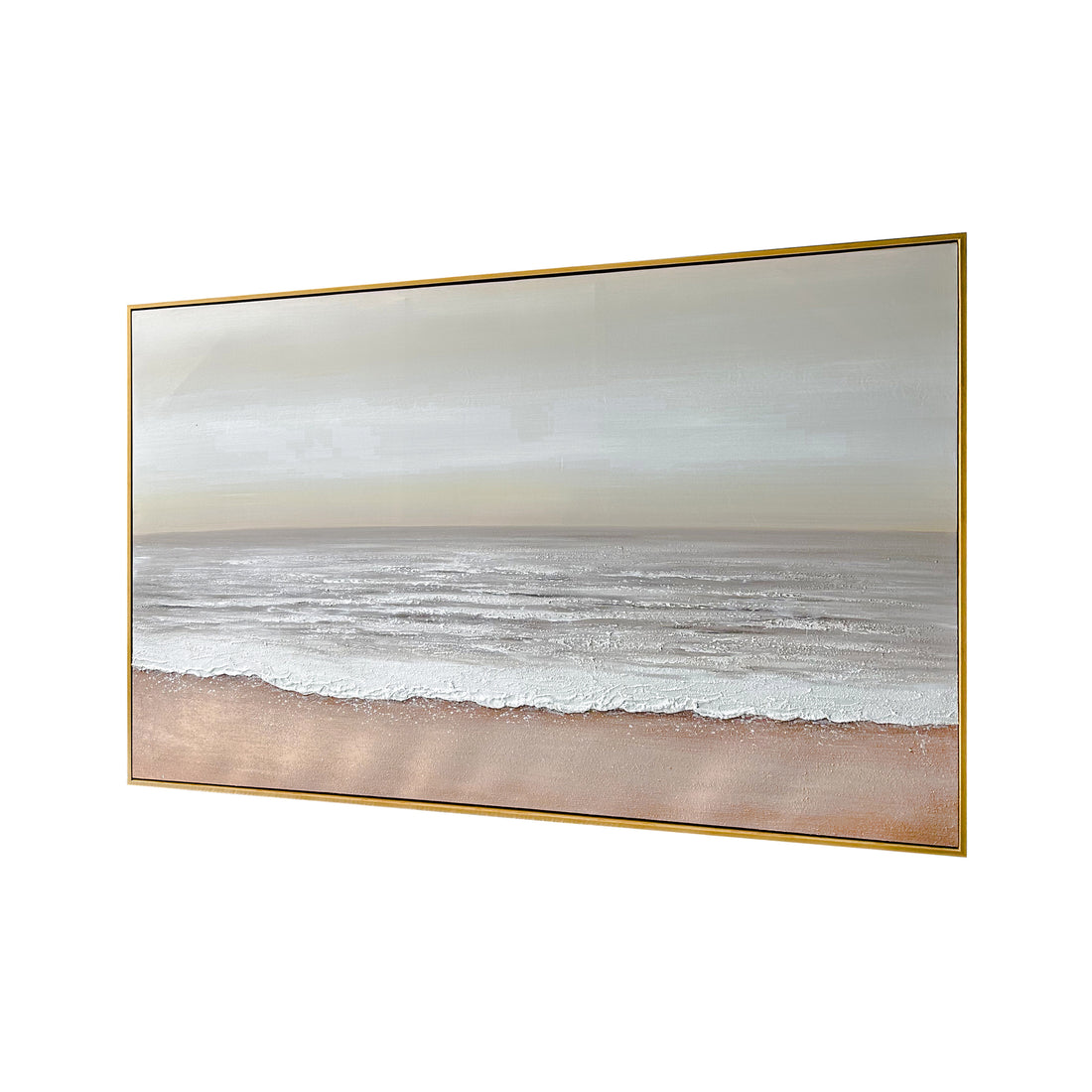 Left Angled view of Sable Textured Coastal Canvas, emphasizing the depth created by its 3D painting, the lightweight polystyrene outer frame, and sturdy pine inner frame.