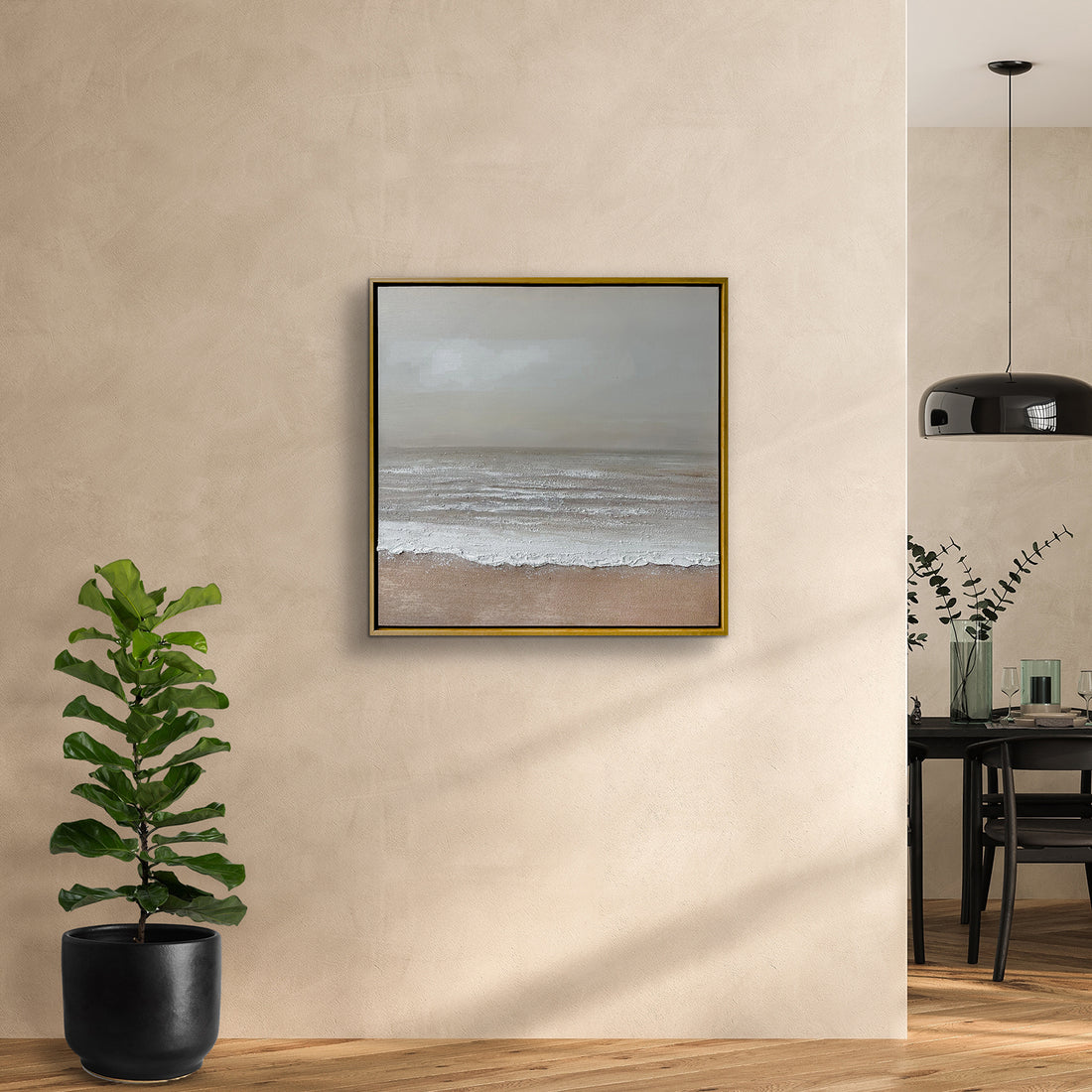 Sable Textured Coastal Canvas Wall Art displayed in a modern living room, showcasing its serene coastal aesthetic and how it enhances a beach-inspired or minimalist interior.