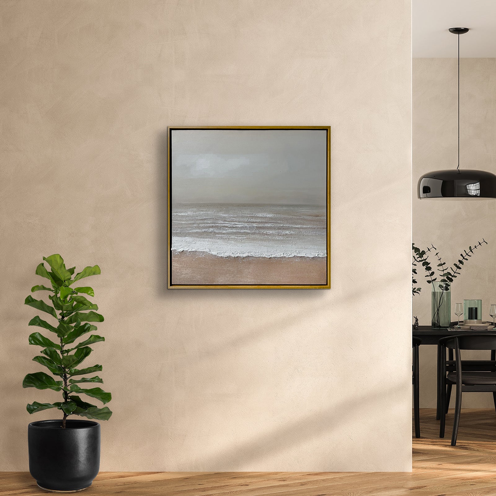 Sable Textured Coastal Canvas Wall Art displayed in a modern living room, showcasing its serene coastal aesthetic and how it enhances a beach-inspired or minimalist interior.