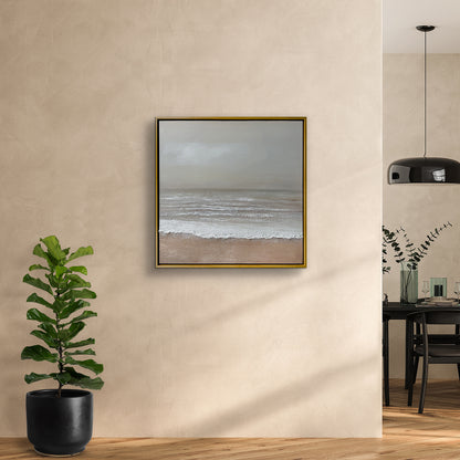 Sable Textured Coastal Canvas Wall Art displayed in a modern living room, showcasing its serene coastal aesthetic and how it enhances a beach-inspired or minimalist interior.