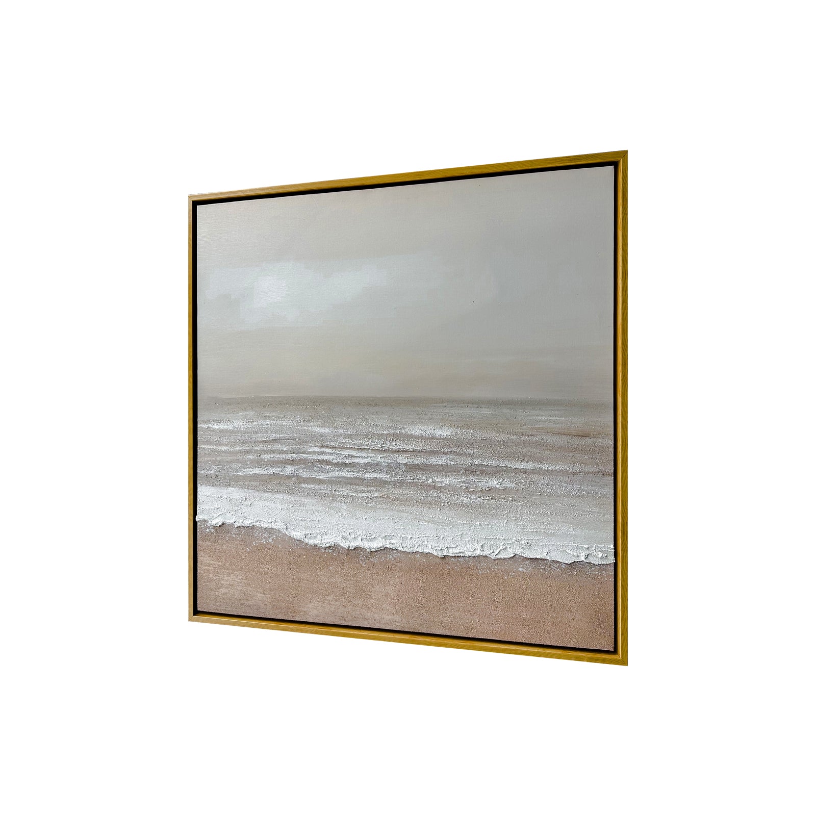 Left Angled view of Sable Textured Coastal Canvas, emphasizing the depth created by its 3D painting, the lightweight polystyrene outer frame, and sturdy pine inner frame.
