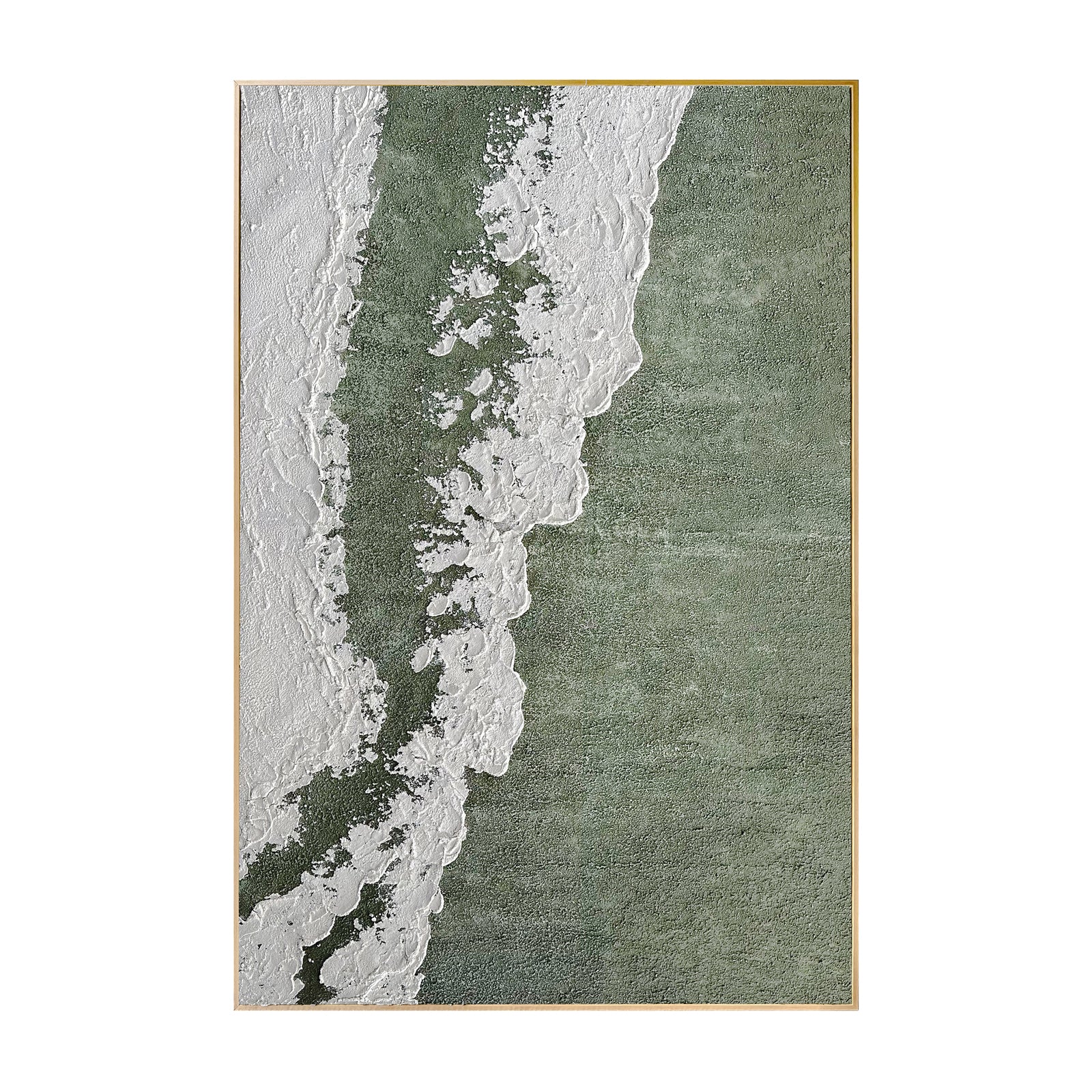 Front view of Serene Modern Abstract Textured Canvas, featuring an organic design with soft green tones, textured white accents, and a distinct 3D texture."
Close-up view image: "Close-up of Serene Modern Abstract Textured Wall Art, highlighting the intricate 3D texture, hand-painted details, and clear gel finish on the poly-cotton canvas.