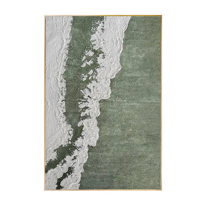 Front view of Serene Modern Abstract Textured Canvas, featuring an organic design with soft green tones, textured white accents, and a distinct 3D texture."
Close-up view image: "Close-up of Serene Modern Abstract Textured Wall Art, highlighting the intricate 3D texture, hand-painted details, and clear gel finish on the poly-cotton canvas.