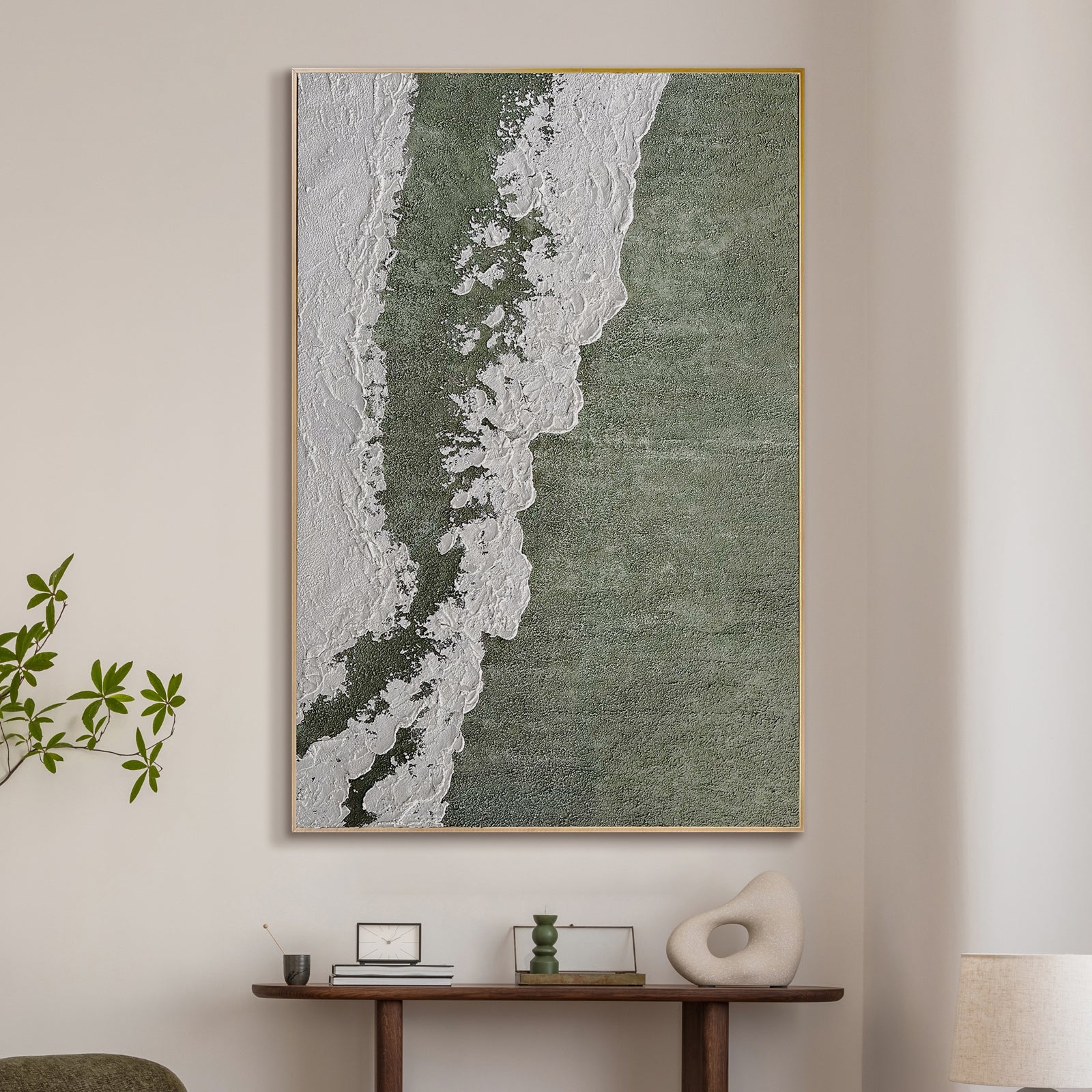 Serene Modern Abstract Textured Canvas displayed in a contemporary living space, showcasing its calming aesthetic and how its 3D texture enhances interior design.