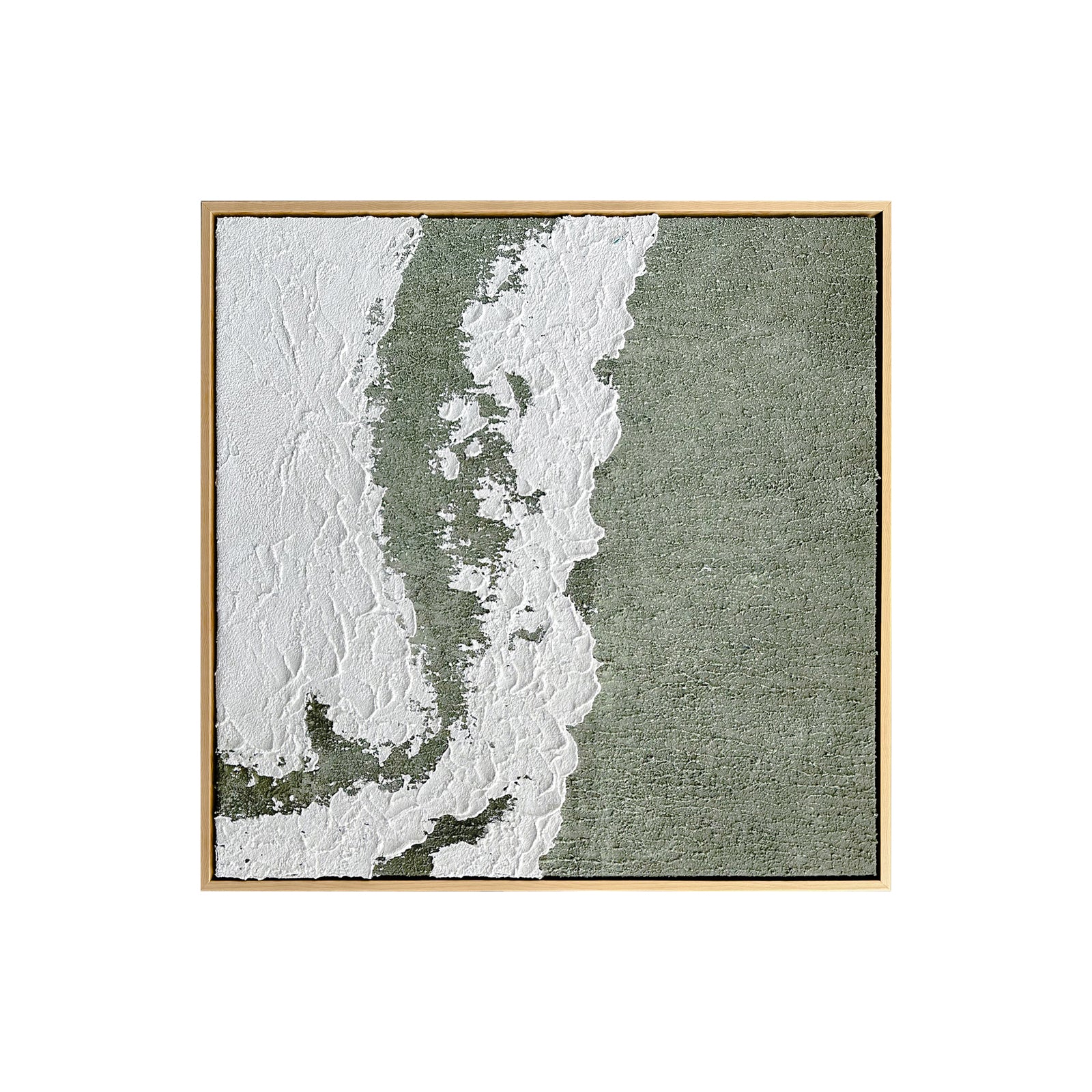 Front view of Serene Modern Abstract Textured Canvas, featuring an organic design with soft green tones, textured white accents, and a distinct 3D texture.