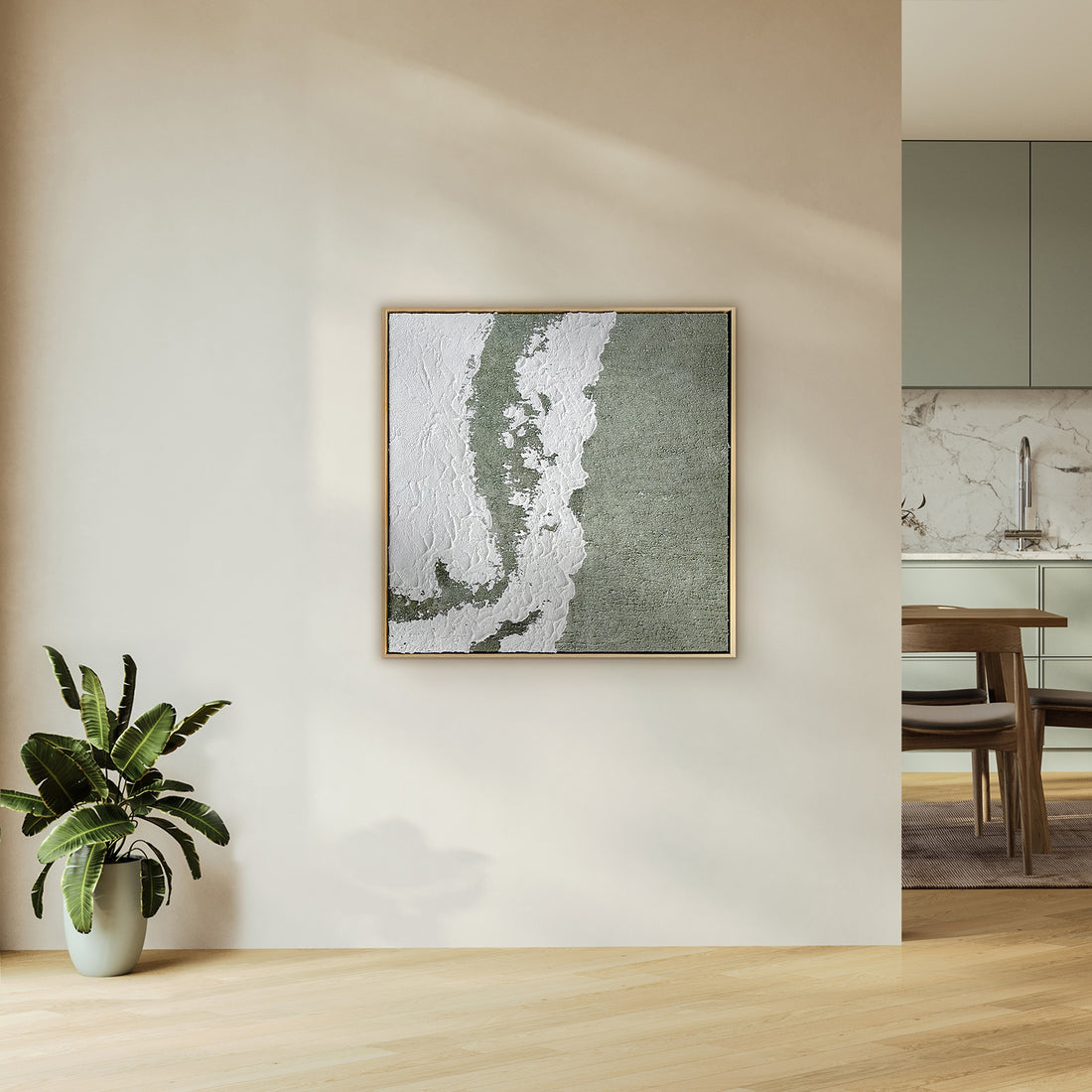 Serene Modern Abstract Textured Canvas displayed in a contemporary living space, showcasing its calming aesthetic and how its 3D texture enhances interior design.