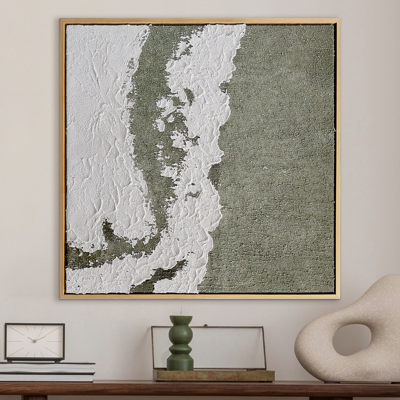 Serene Modern Abstract Textured Canvas displayed in a contemporary living space, showcasing its calming aesthetic and how its 3D texture enhances interior design.