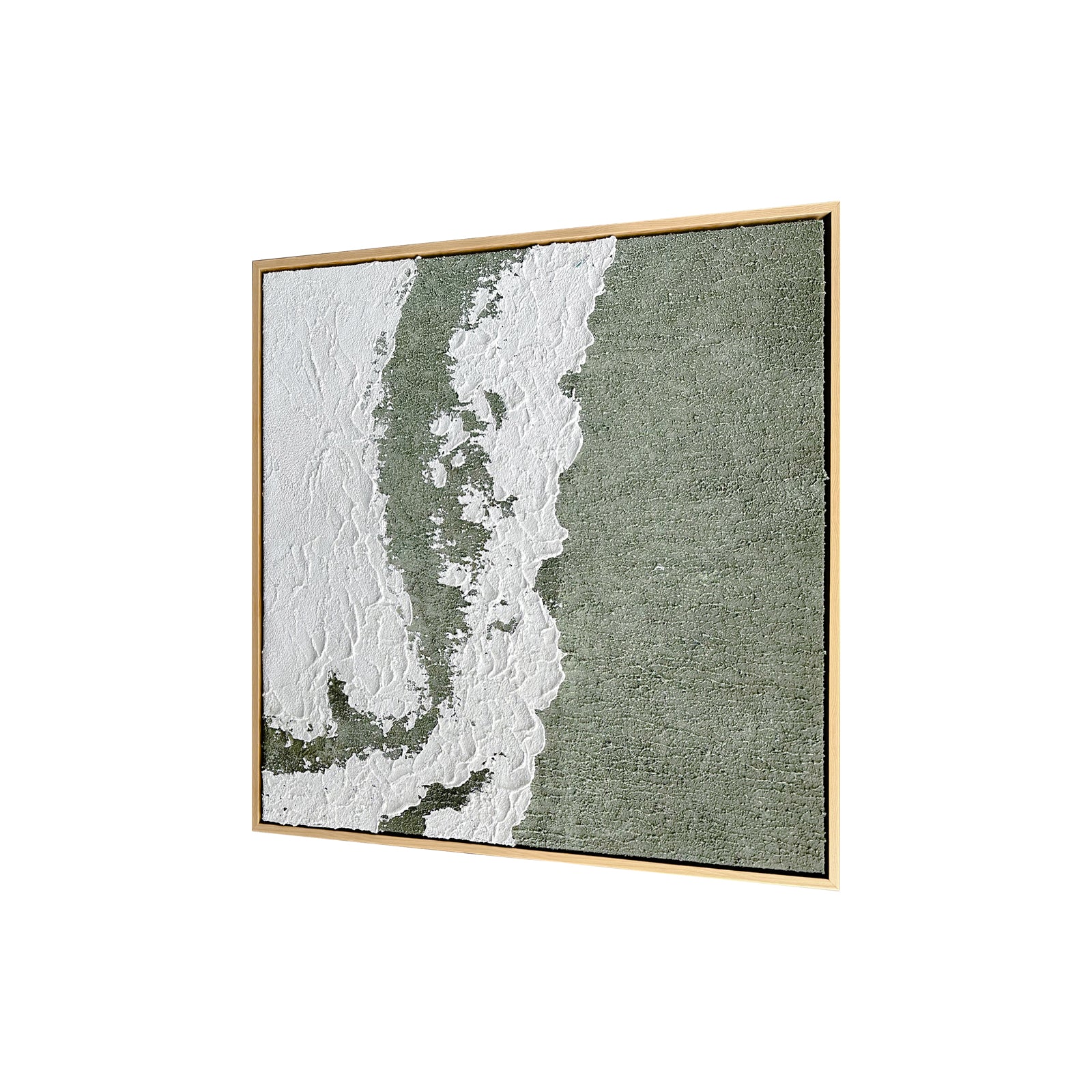 Left Angled view of Serene Modern Abstract Textured Canvas, emphasizing the depth created by its 3D texture, the lightweight polystyrene frame, and strong pine inner frame.