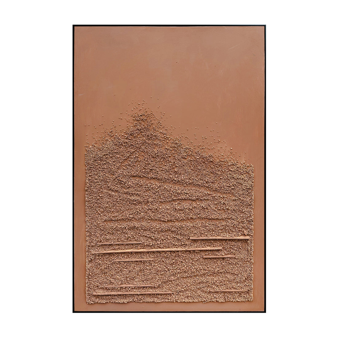 Front view of Sol Textured Framed Canvas, a striking abstract art piece with a brown, sand-like texture reminiscent of Mocha Mousse and earthy tones.