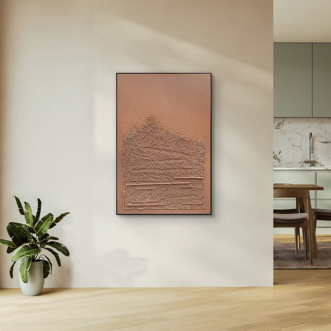 Sol Textured Framed Canvas displayed in a modern living space, showcasing its natural earthy elegance and how it creates a peaceful atmosphere in contemporary interiors.