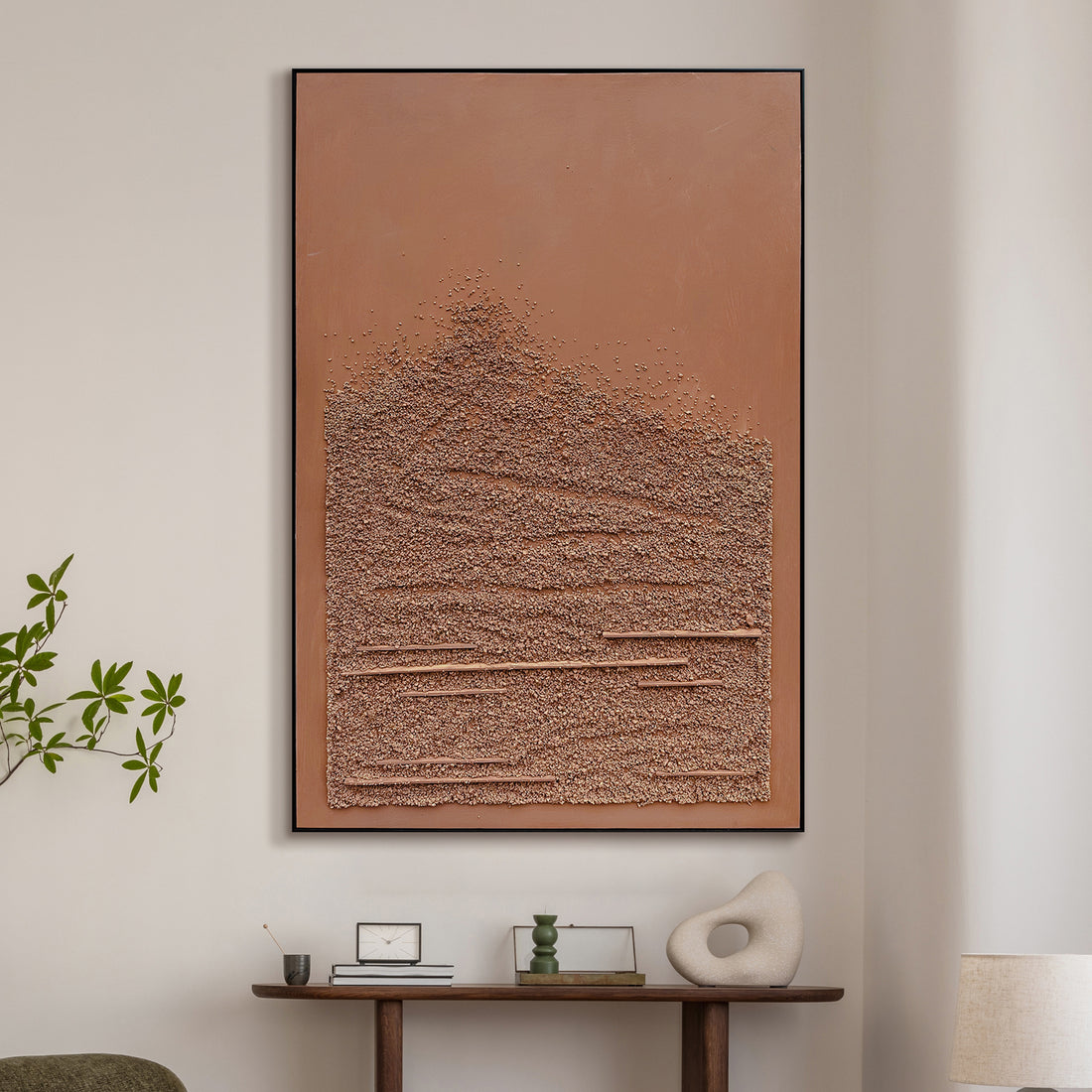 Sol Textured Framed Canvas displayed in a modern living space, showcasing its natural earthy elegance and how it creates a peaceful atmosphere in contemporary interiors.