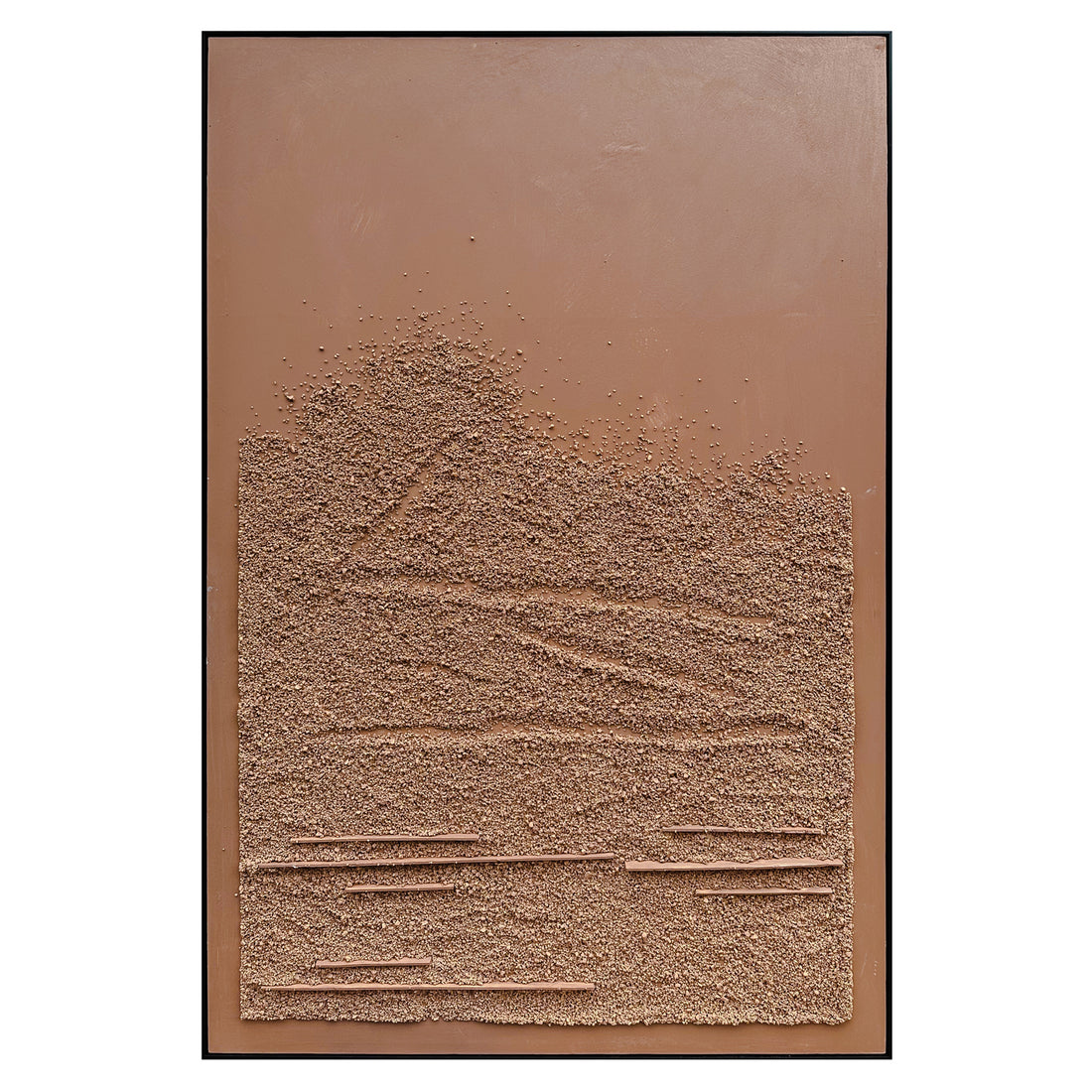 Front view of Sol Textured Framed Canvas, a striking abstract art piece with a brown, sand-like texture reminiscent of Mocha Mousse and earthy tones.